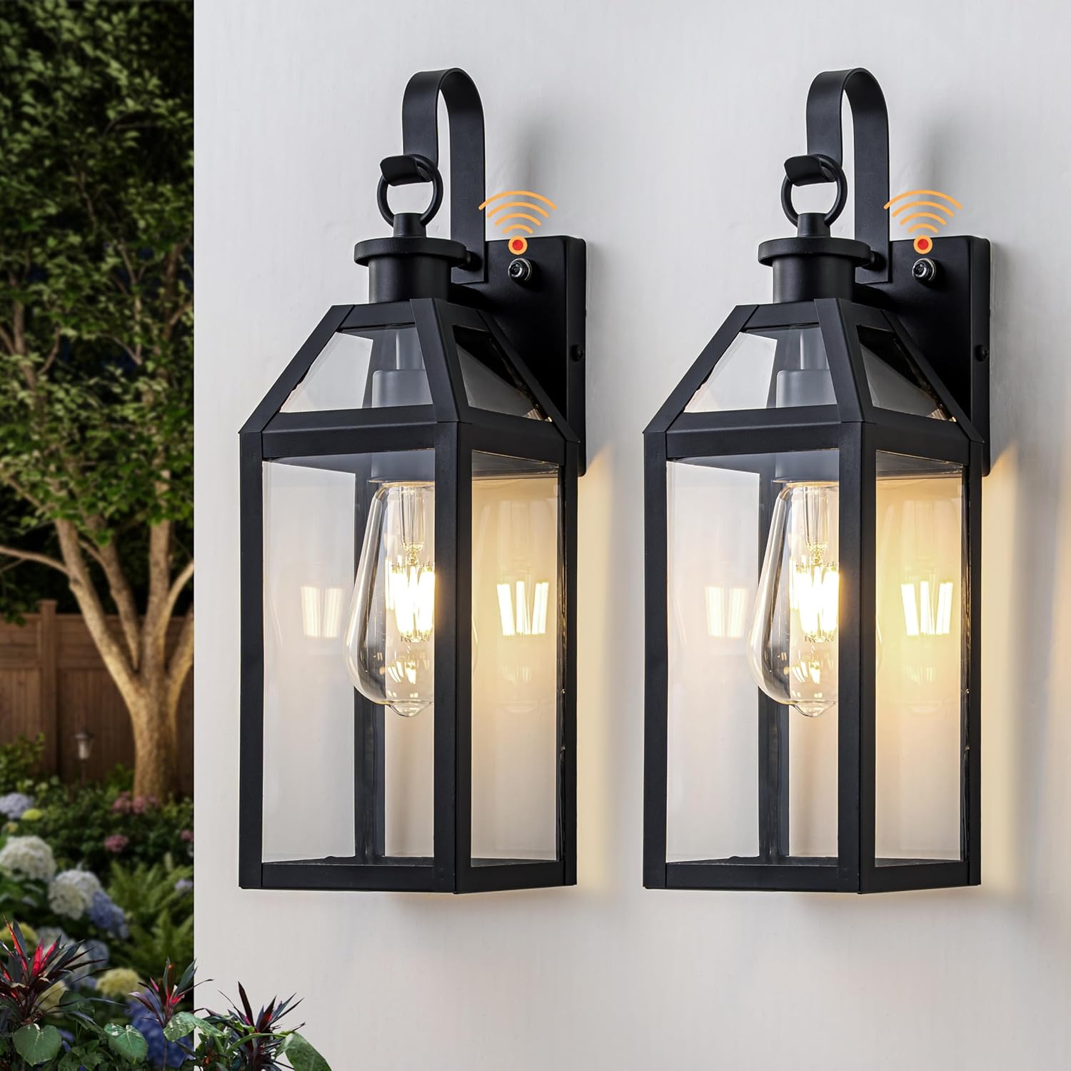 16" Large Dusk to Dawn Outdoor Porch Lights, 2-Pack Modern Exterior Wall Mount Lighting Fixtures, Waterproof Sensor Wall Sconces for House, Doorway, and Garage, Matte Black