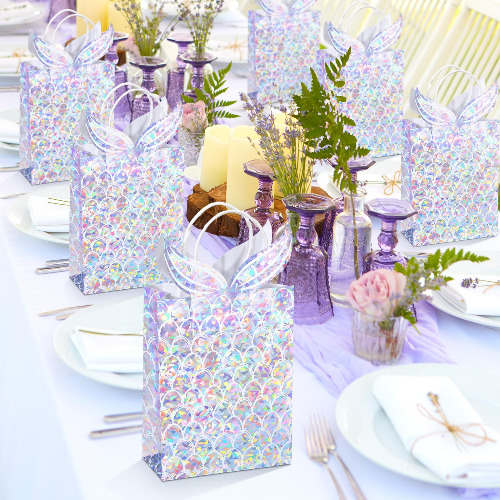 Watersay 24 Pcs Holographic Mermaid Gift Bags Iridescent Mermaid Party Favor Goodie Candy Treat Bags with Handles for Birthday Baby Shower Little Decorations