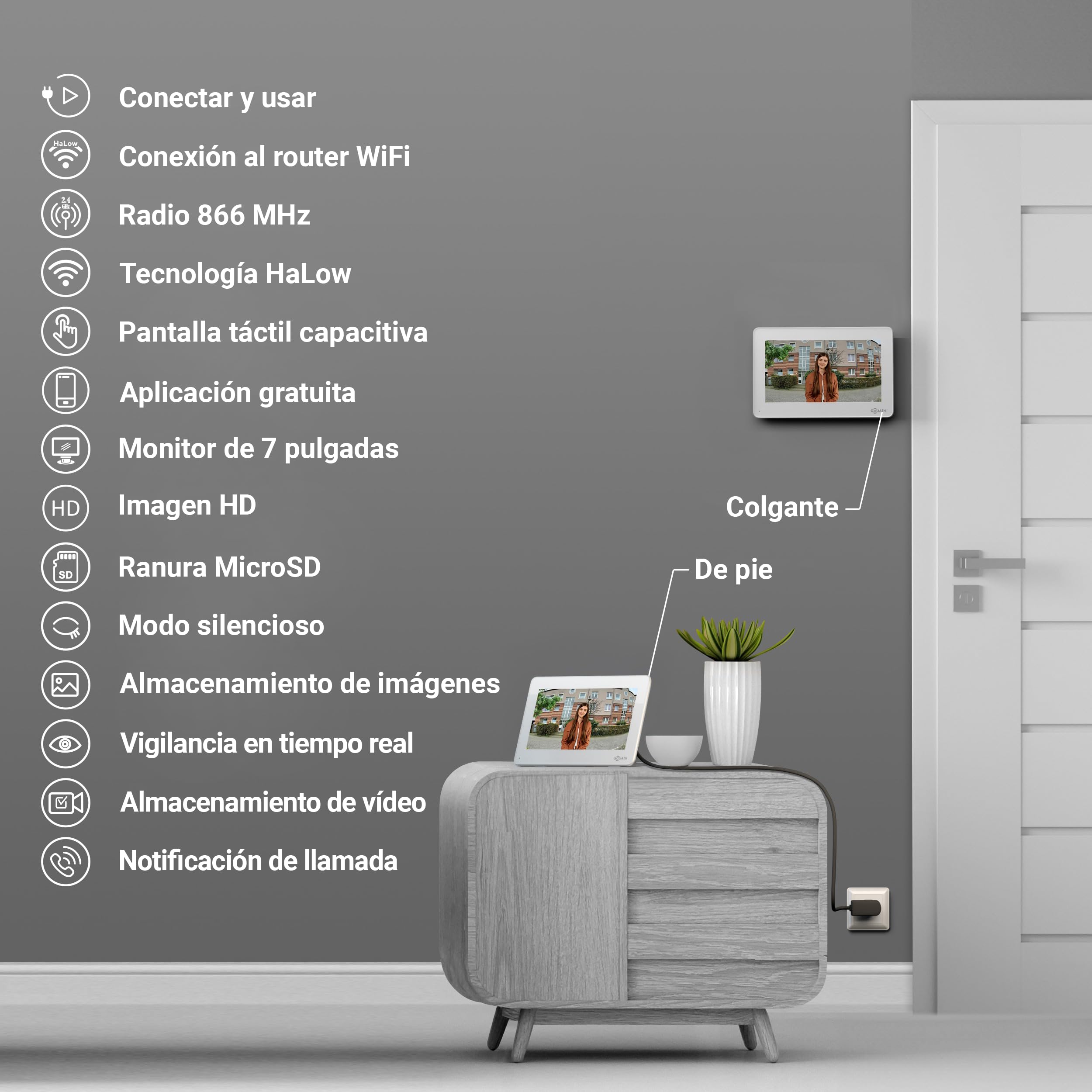 GOLIATH® Timbre inalámbrico con cámara e intercomunicador [CON APLICACIÓN PARA SMARTPHONE] - Timbre con cámara Full HD y monitor - Intercomunicador con vídeo y timbre con abrepuertas - Timbre con víde