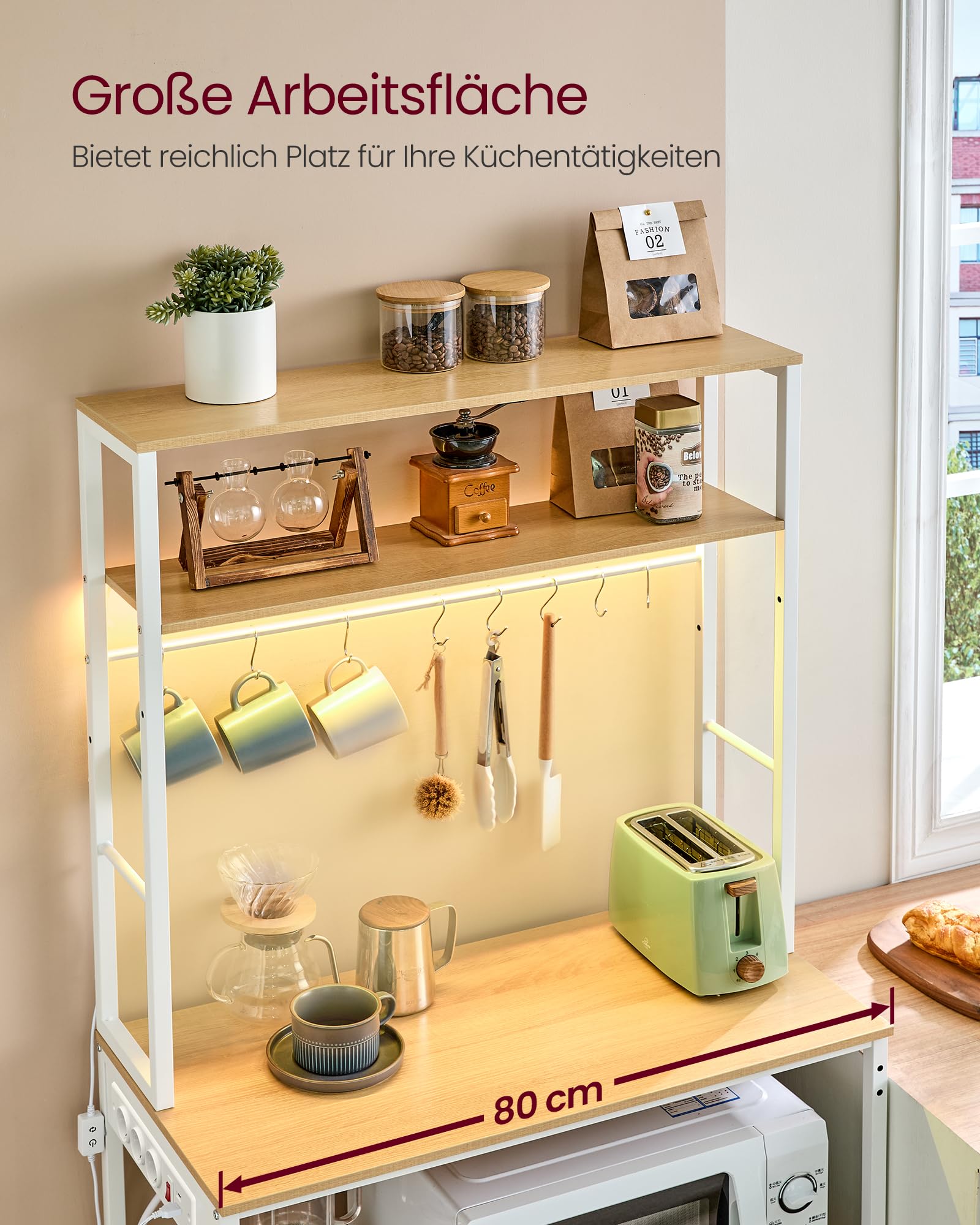 VASAGLE Küchenregal mit LED-Beleuchtung, Standregal mit Steckdosen, Mikrowellen-Regal mit verstellbaren Ablagen, 8 Haken, 40 x 80 x 168,4 cm, goldeichenfarben-mattweiß KKS050YA01