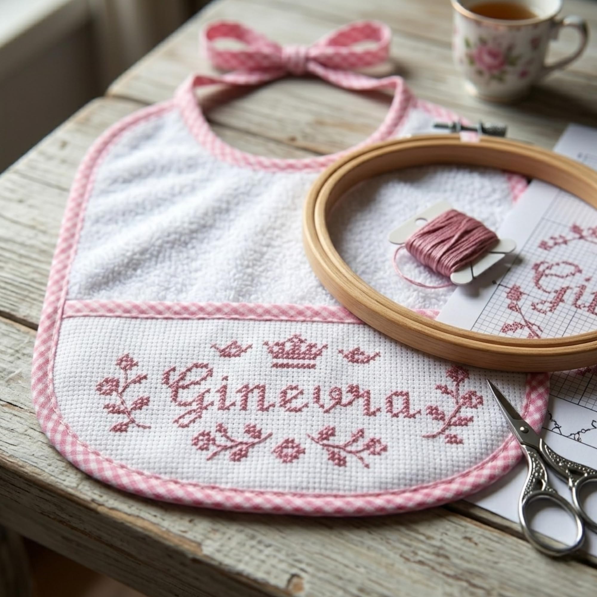 Bavaglino Neonato in Spugna di Cotone con Tela Aida 55 Fori Ricamabile 20x18 cm