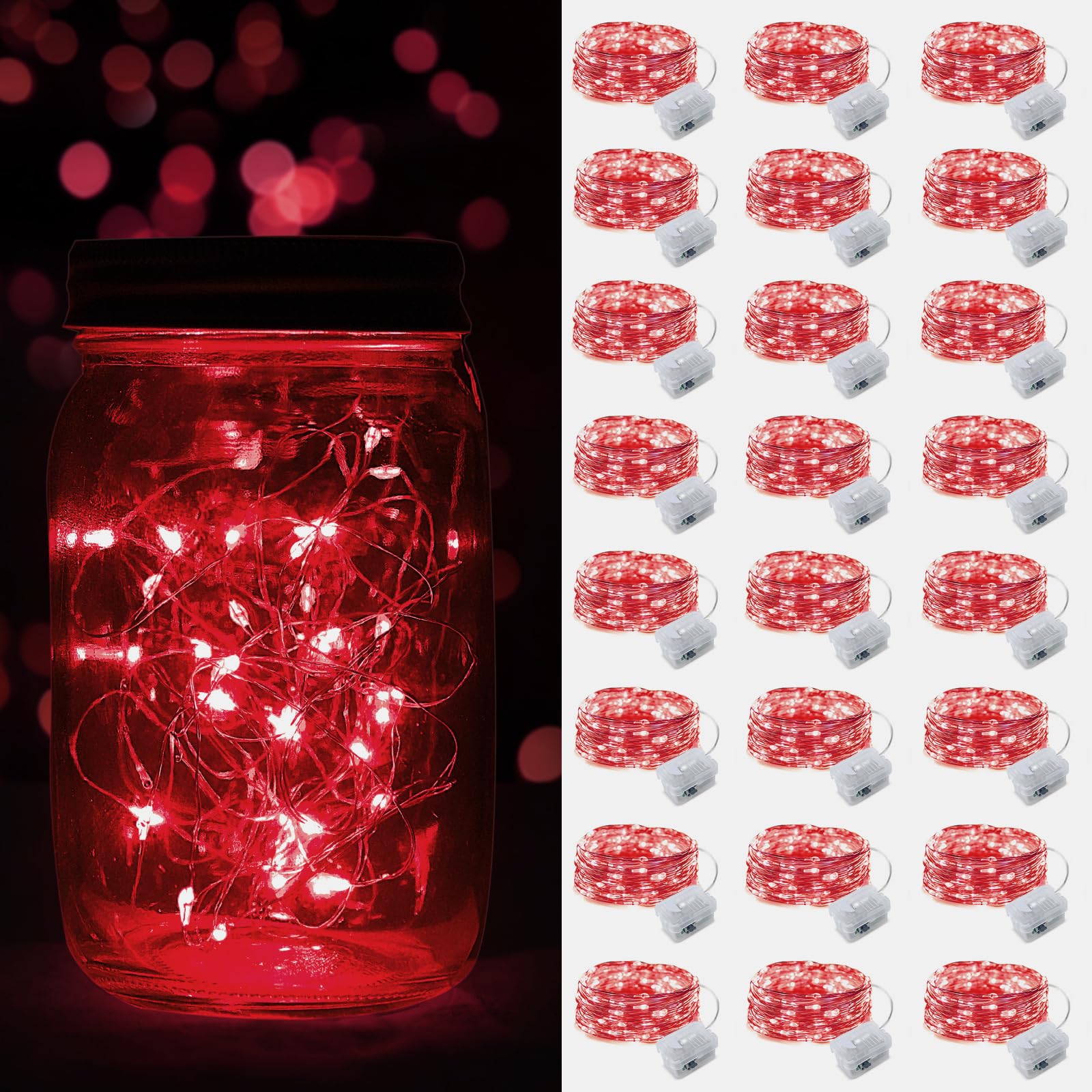 ZGWJ 24 Pack LED Fairy Lights Battery Operated String Lights Waterproof Silver Wire, 7 ft 20 LED Firefly Starry Moon Lights Mason Jar Lights for Valentine's Day Wedding Party Bedroom Christmas Red