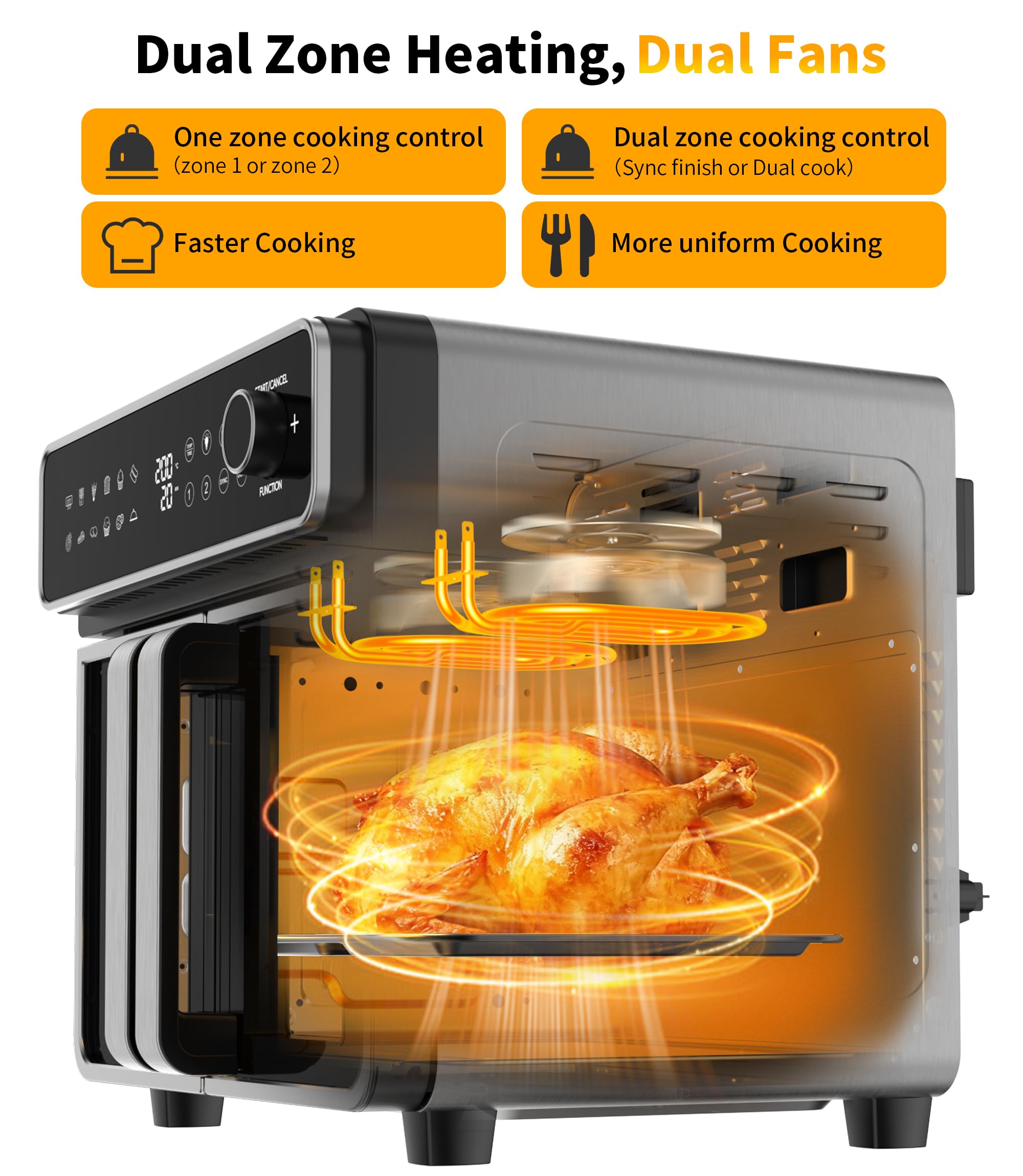Friteuse à air chaud 23L Mini Four – Zone simple/double réglable, 2600W Airfryer avec Bouton rotatif & Écran tactile, 12 programmes, Intérieur en acier inoxydable, 13 accessoires & livre de recettes