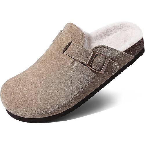 KIDMI Women's Fur Lined Suede Clogs Fuzzy Cork Footbed Mules Slip On Winter Potato Shoes