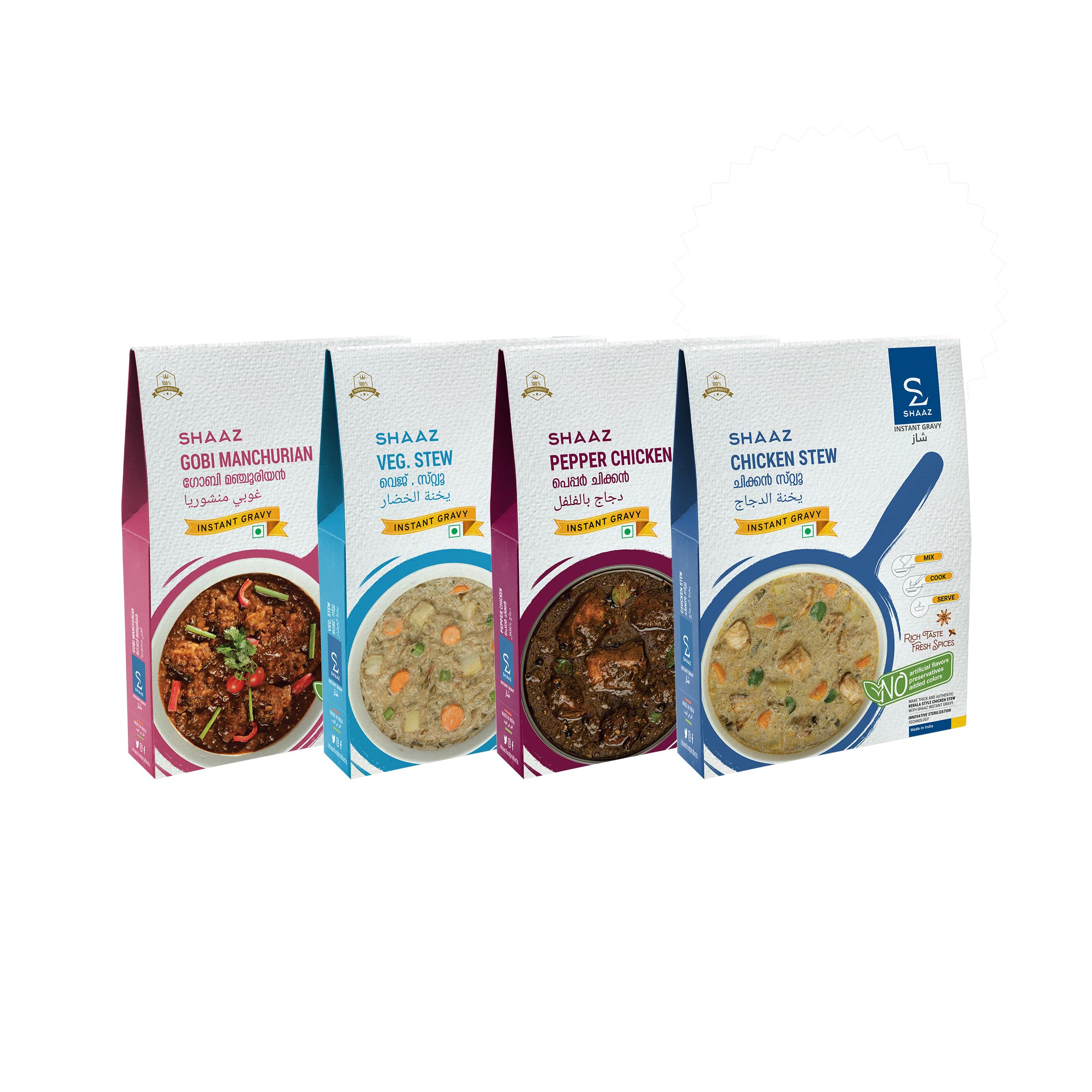 SHAAZ Breakfast Combo - Gobi Manchurian, Veg Stew, Pepper Chicken & Chicken Stew | 300g Each | Flavorful & Ready-to-Serve Meal Pack