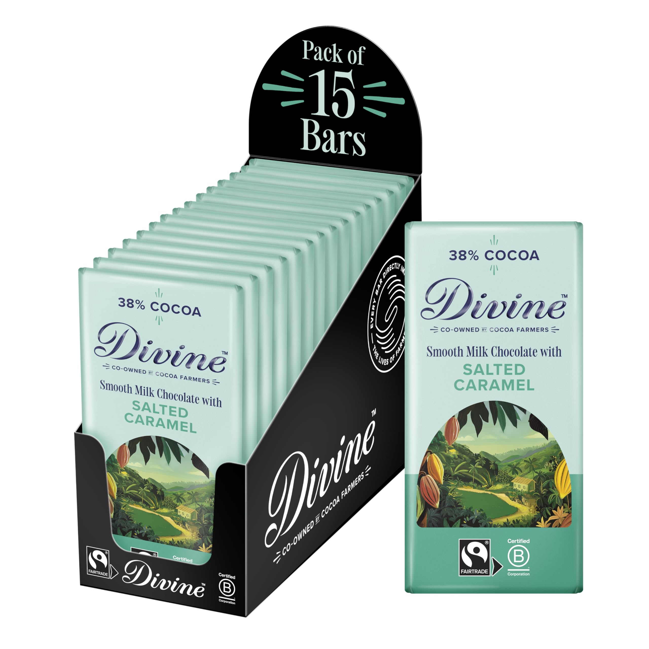 Divine 38% Cocoa Milk Chocolate with Salted Caramel 15 x 90g Bars – Fairtrade Milk Chocolate – Crunchy Salted Caramel – Ethical Premium Chocolate