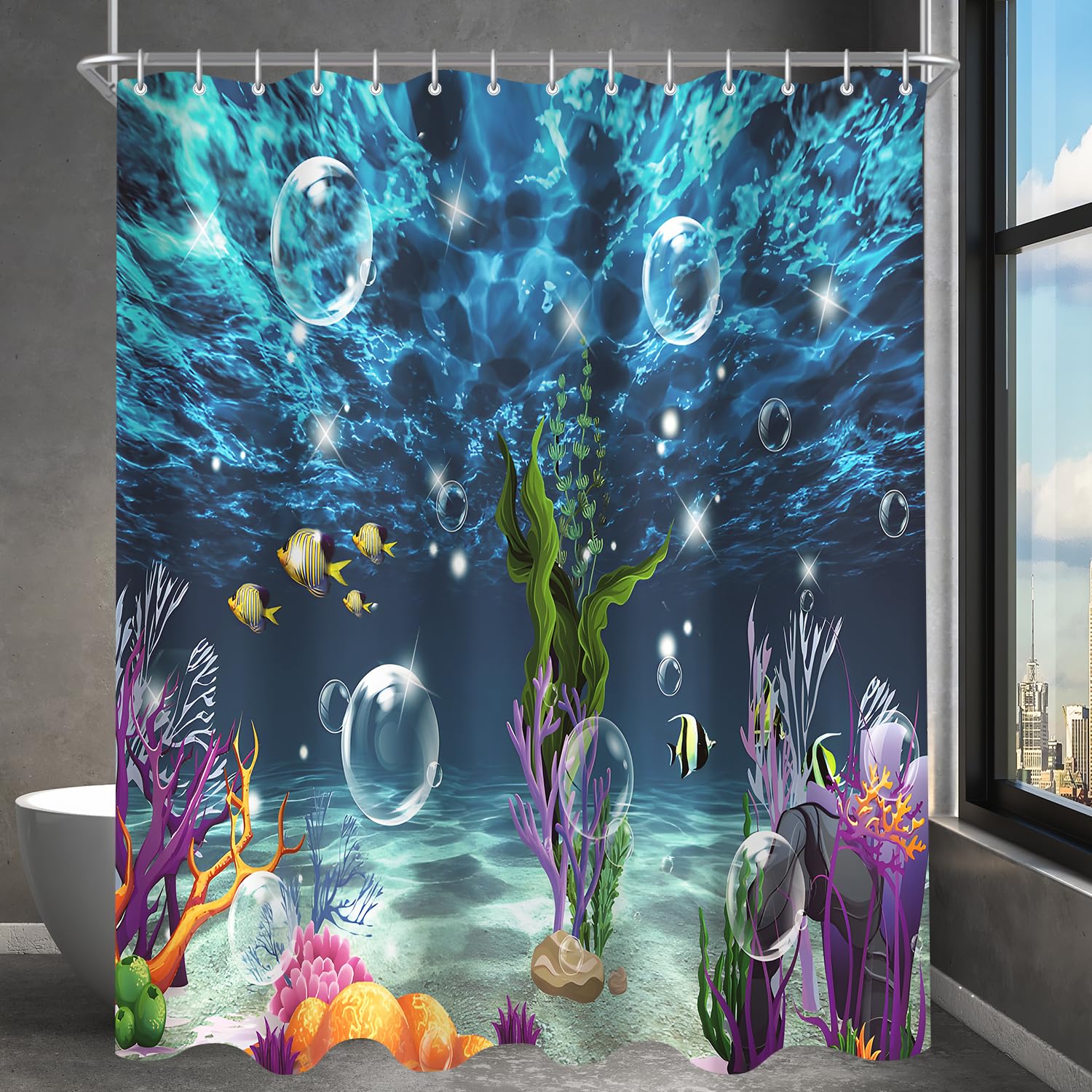 Lerores Shower Curtain, 240 x 200 cm, Colourful Sea Floor, Weighted Hem, Anti-Mould, Water-Repellent, Washable Polyester Bath Curtains with 16 Eyelets and Shower Curtain Rings for Bathroom, Bathtub