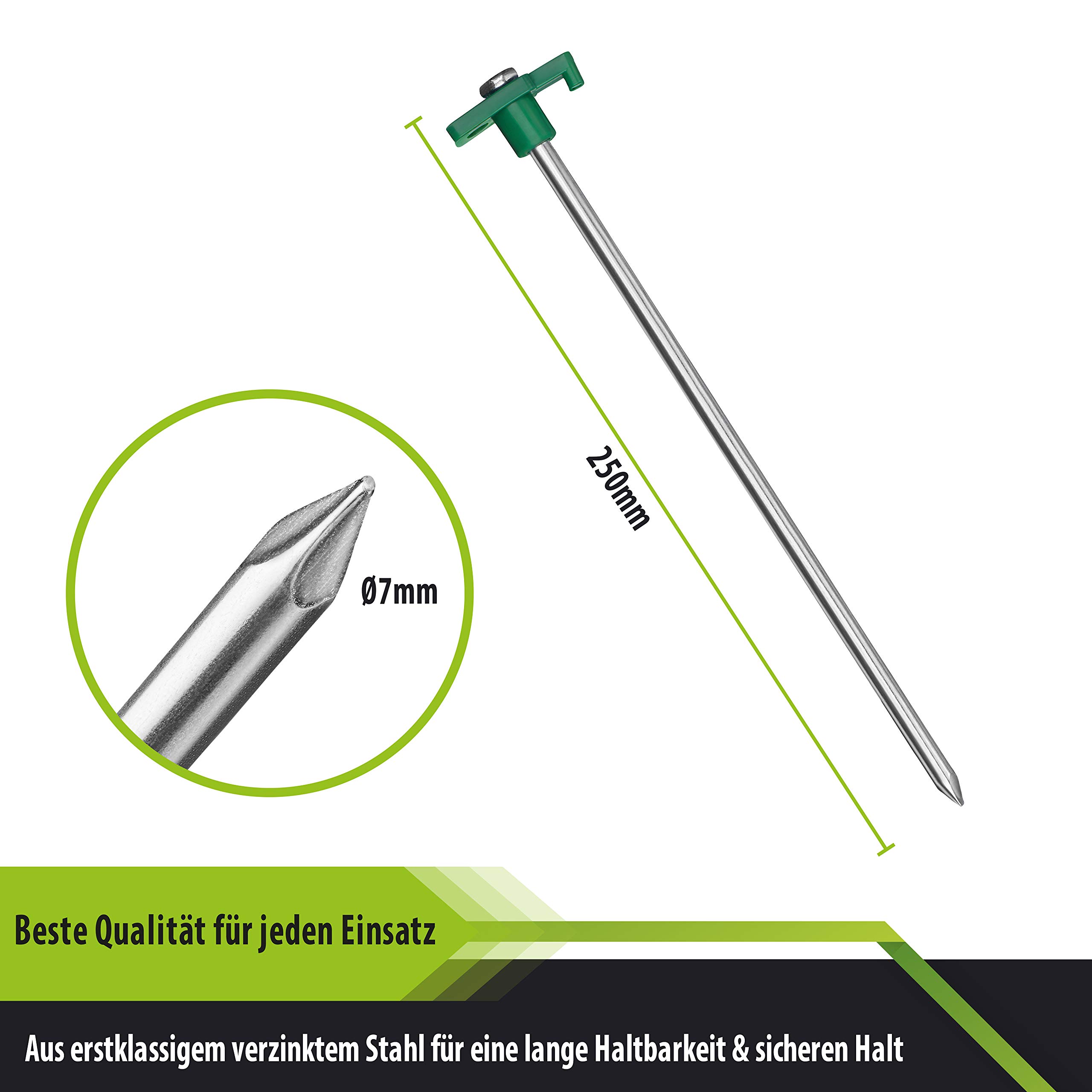 Balinco Piquets de Fond de Roche Vert/argenté Ø 0,7 cm, Longueur 25 cm - ancrages dans Le Sol Fixation au Sol Rocheux | piquets | pitons | ancrage de Sol en Acier galvanisé pour la Fixation