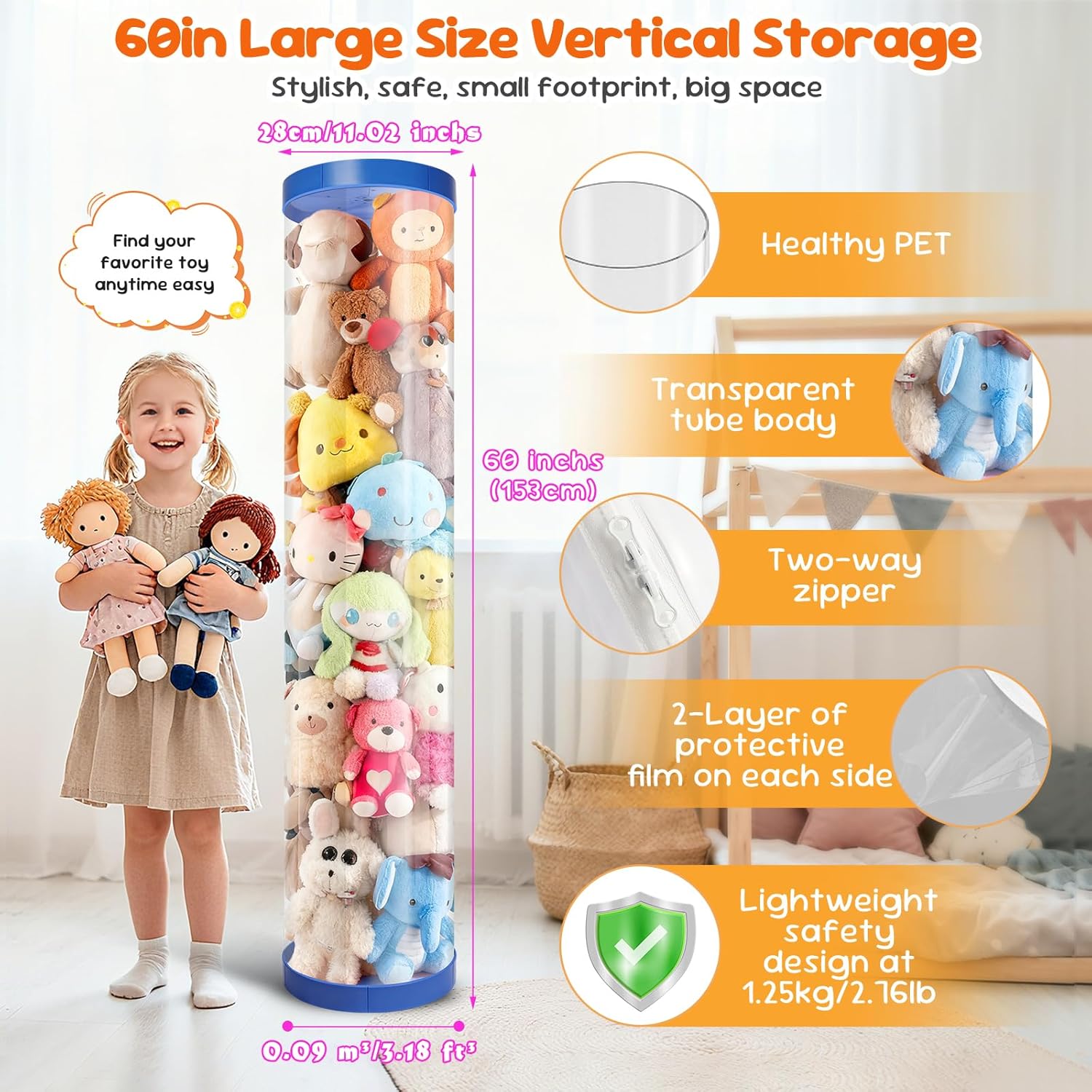 2 Pack Stuffed Animal Storage Tube - Clear 60 inch Large Vertical Toy Organizer, PET Transparent Display Holder for Plushies, Kids Stuffed Animals Zoo for Playroom, Living Room, Bedroom (Pink+Blue)