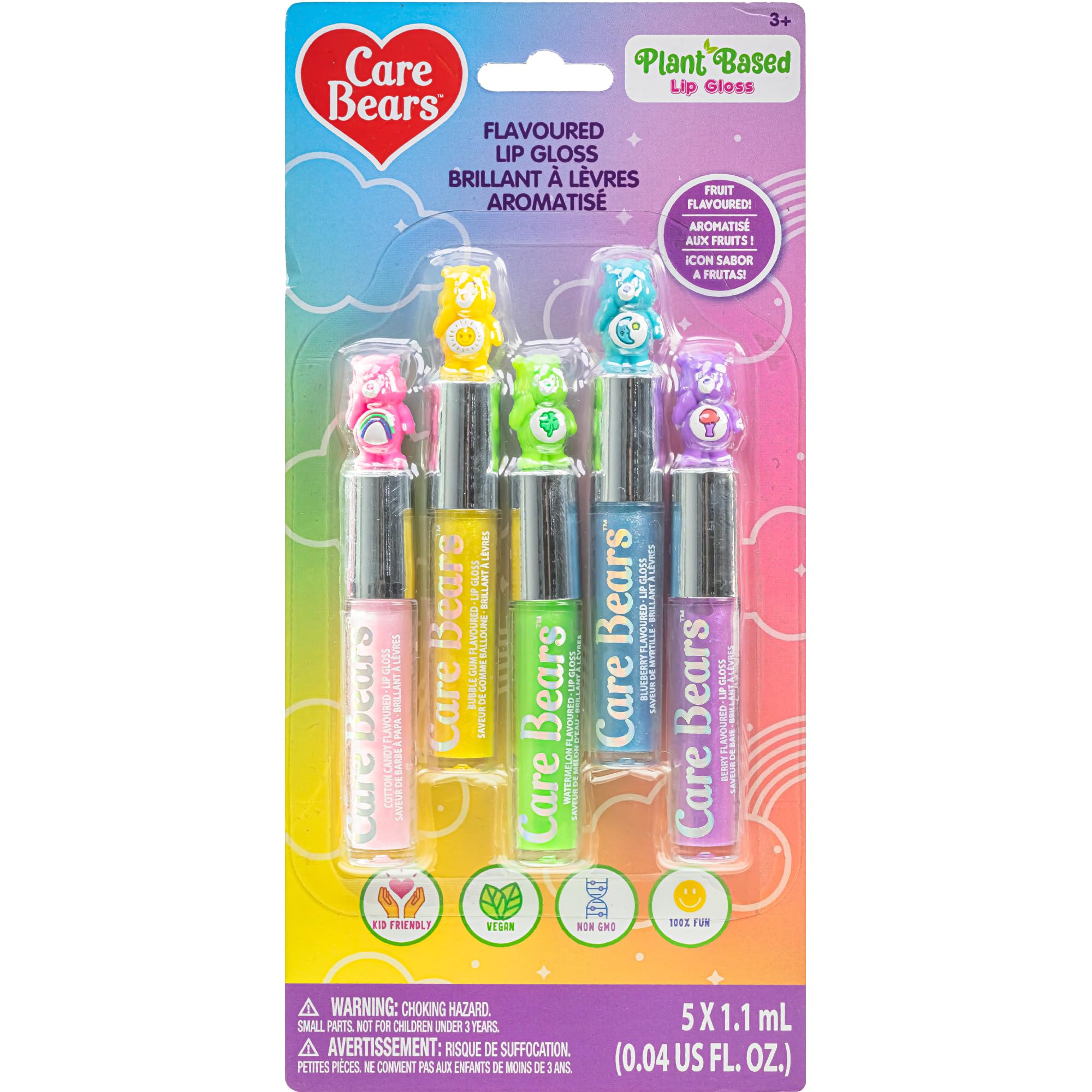 Care Bears 5 pcs Flavored Lip Gloss for Kids Non-toxic Vegan Makeup Birthday Gifts for Ages 3 by