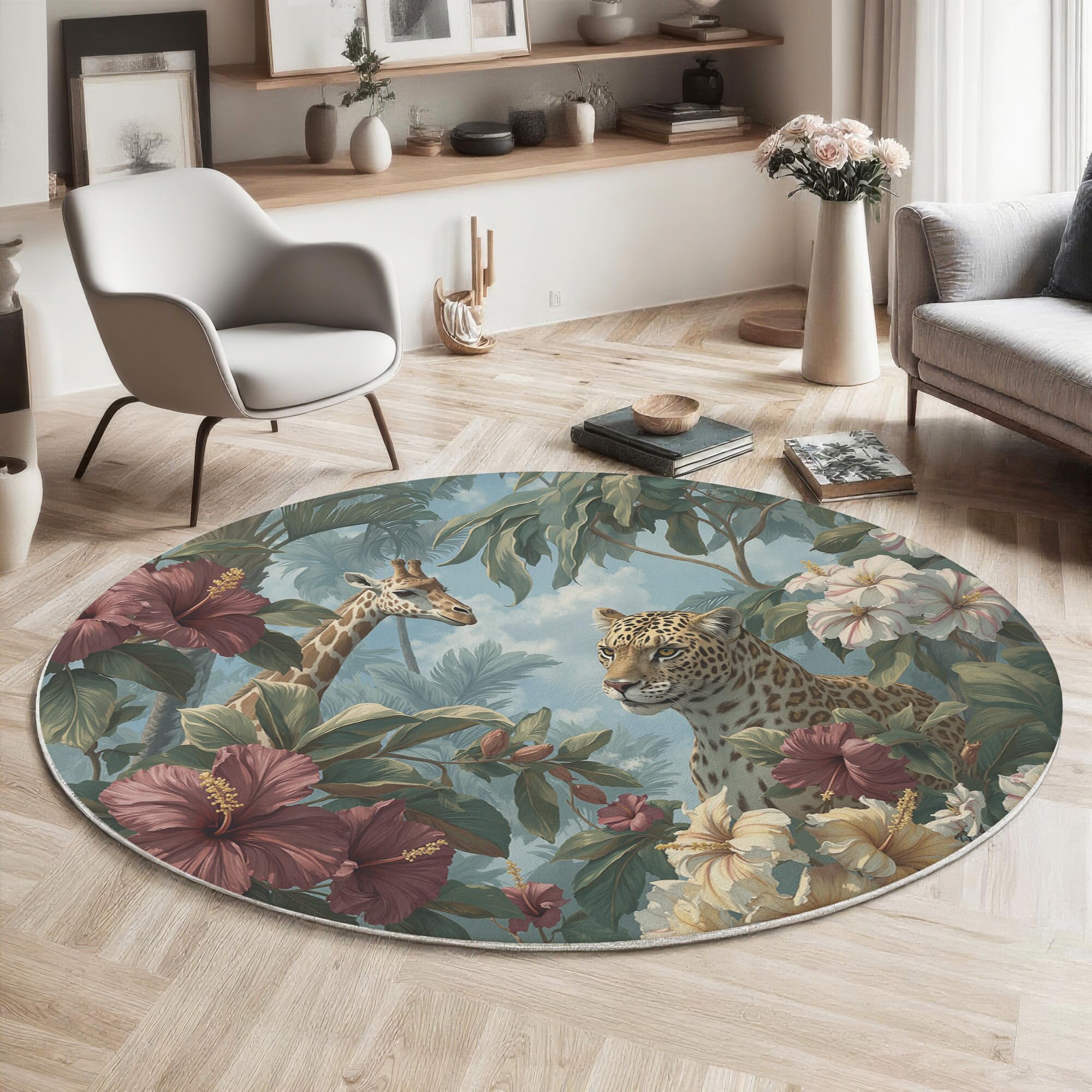 Decoration chambre tapis rond vert au motif perroquet sauvage