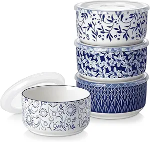 vancasso 36 Oz Ceramic Serving Bowls with Lids Set of 4, Porcelain Lunch Bowls with Lids for Food Storage, Prep Bowl for Kitchen, Microwave & Dishwasher Safe,Series SELENE