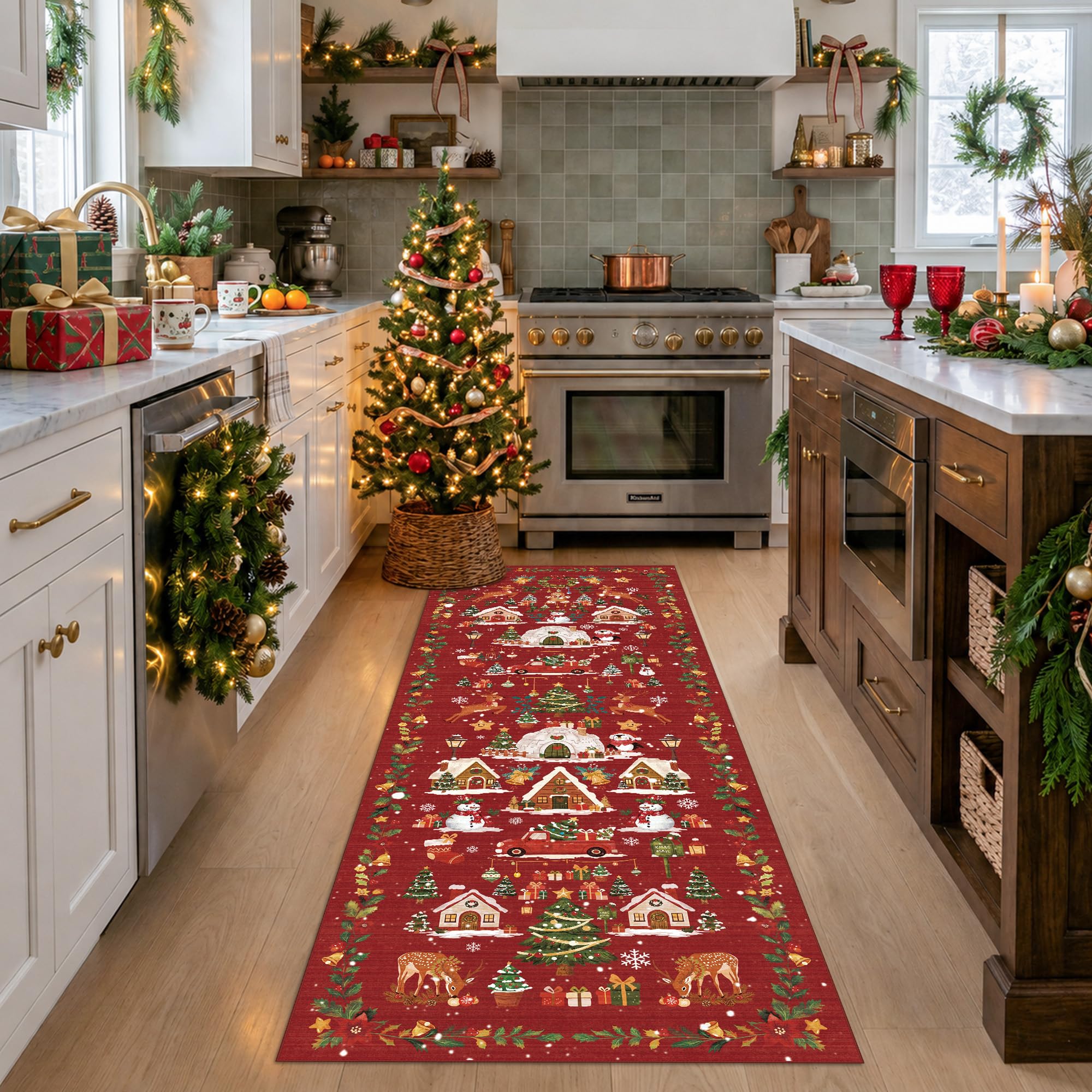 Christmas Runner Rug 2x5 for Hallway - Red Non Slip Washable Low Pile Carpet Santa Claus Holiday Decor Water Resistant Throw Rug for Kitchen Entryway Laundry Ultra Soft Bedroom Beside Mat（2x5,Red） — image 1