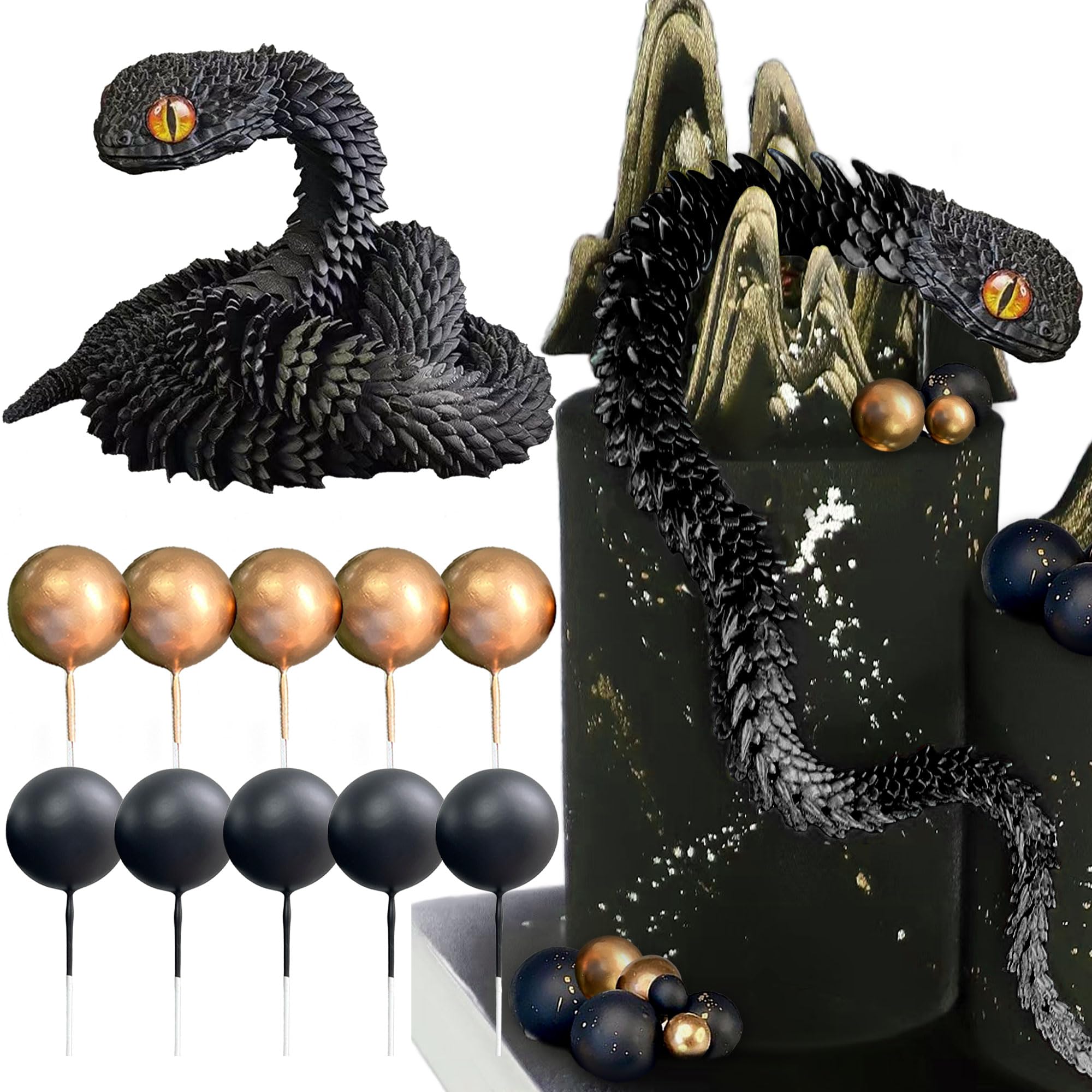 3D Printed Snake Fantasy Snake Cake Decoration Wizard Cake Topper Black Gold Balls Cake for Birthday Fantasy Fan Party Supplies