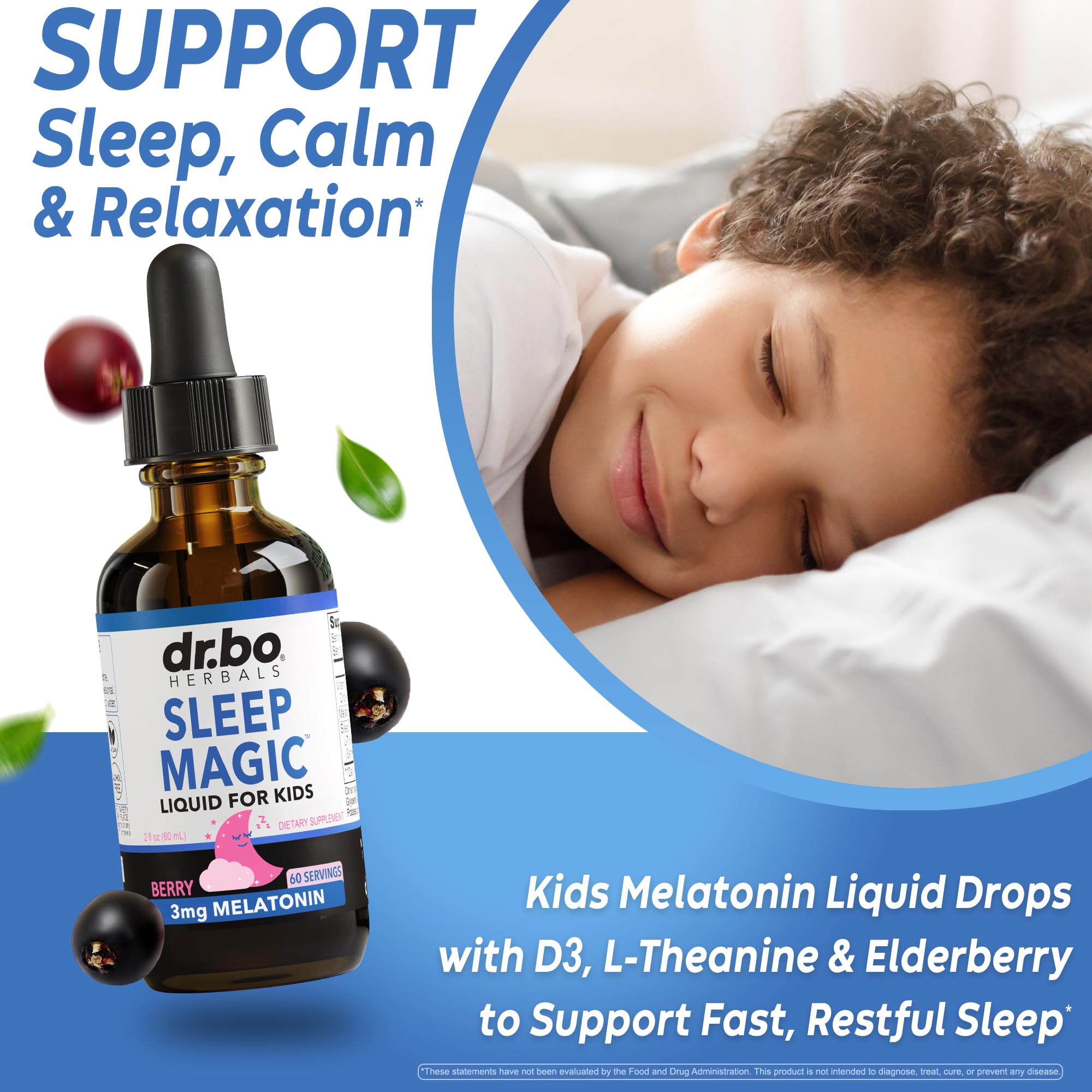 Liquid Melatonin Kids Sleep Aid - Sleep Magic Kids Melatonin Liquid 3mg Berry Drops, D3, L Theanine - Children's Sleeping Aids, Natural Calm L-Theanine Supplement, Toddler Travel Essentials 2 Fl Oz — Amazon image 3