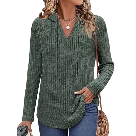 Lylinan Womens Long Sleeve Knit Hoodies V Neck Pullover Tops Ribbed Sweaters Fall Fashion Clothes S-XXL