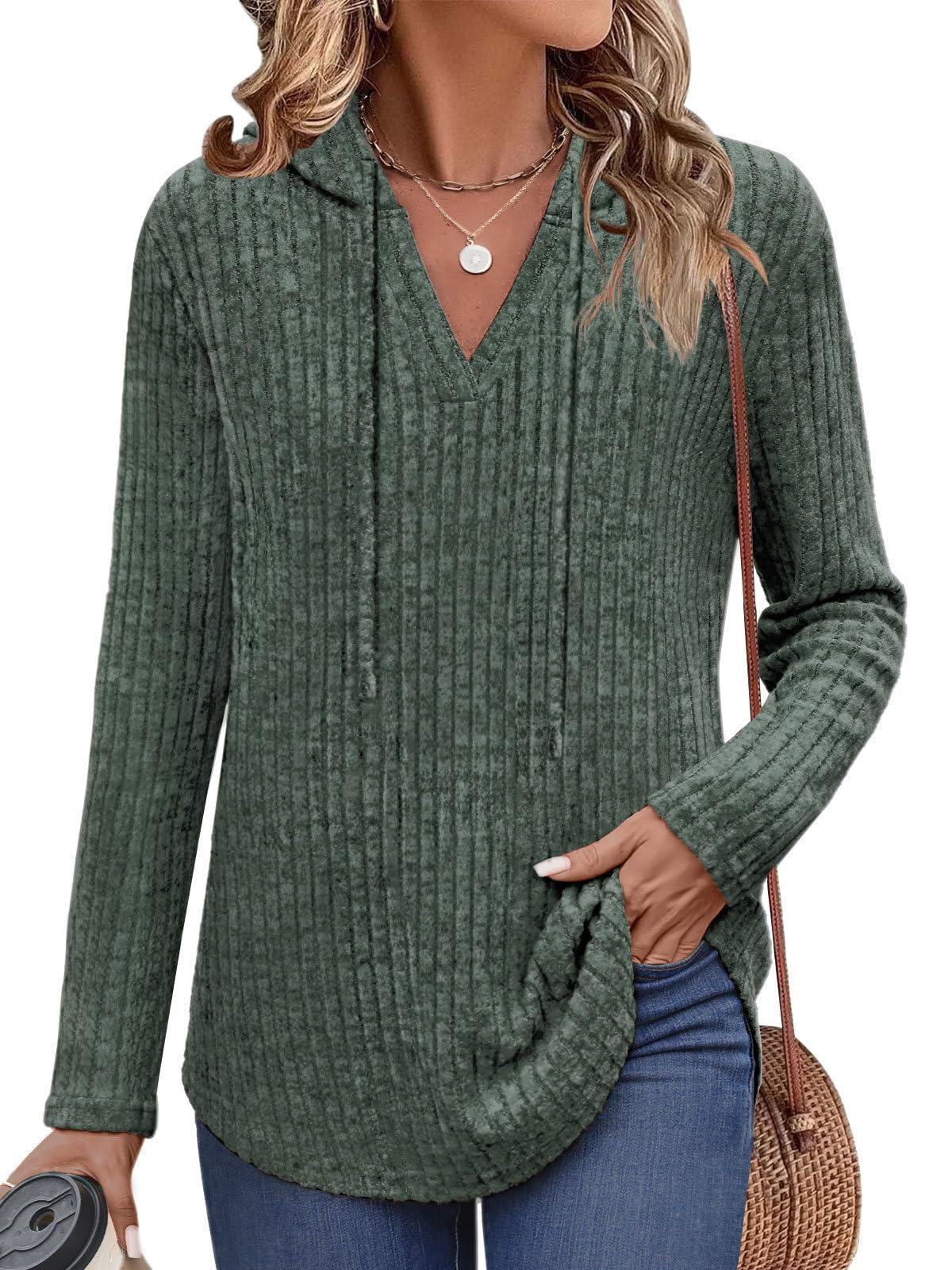 Lylinan Womens Long Sleeve Knit Hoodies V Neck Pullover Tops Ribbed Sweaters Fall Fashion Clothes S-XXL