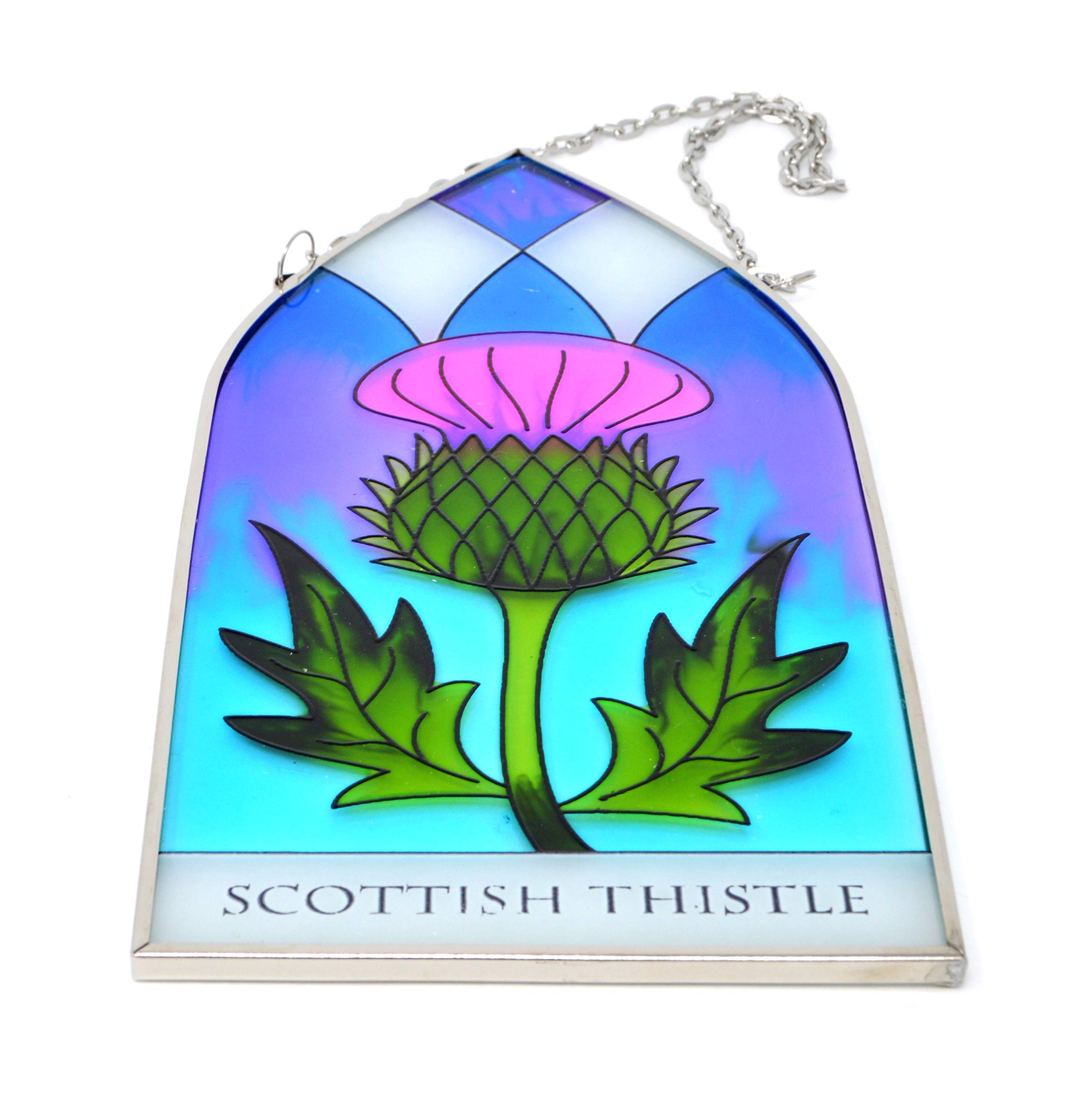 Royal Tara Gothic Glasmalerei | Irische Handbemalte Glasfensterscheibe | Sonnenfänger mit Schottische Distel Thistle