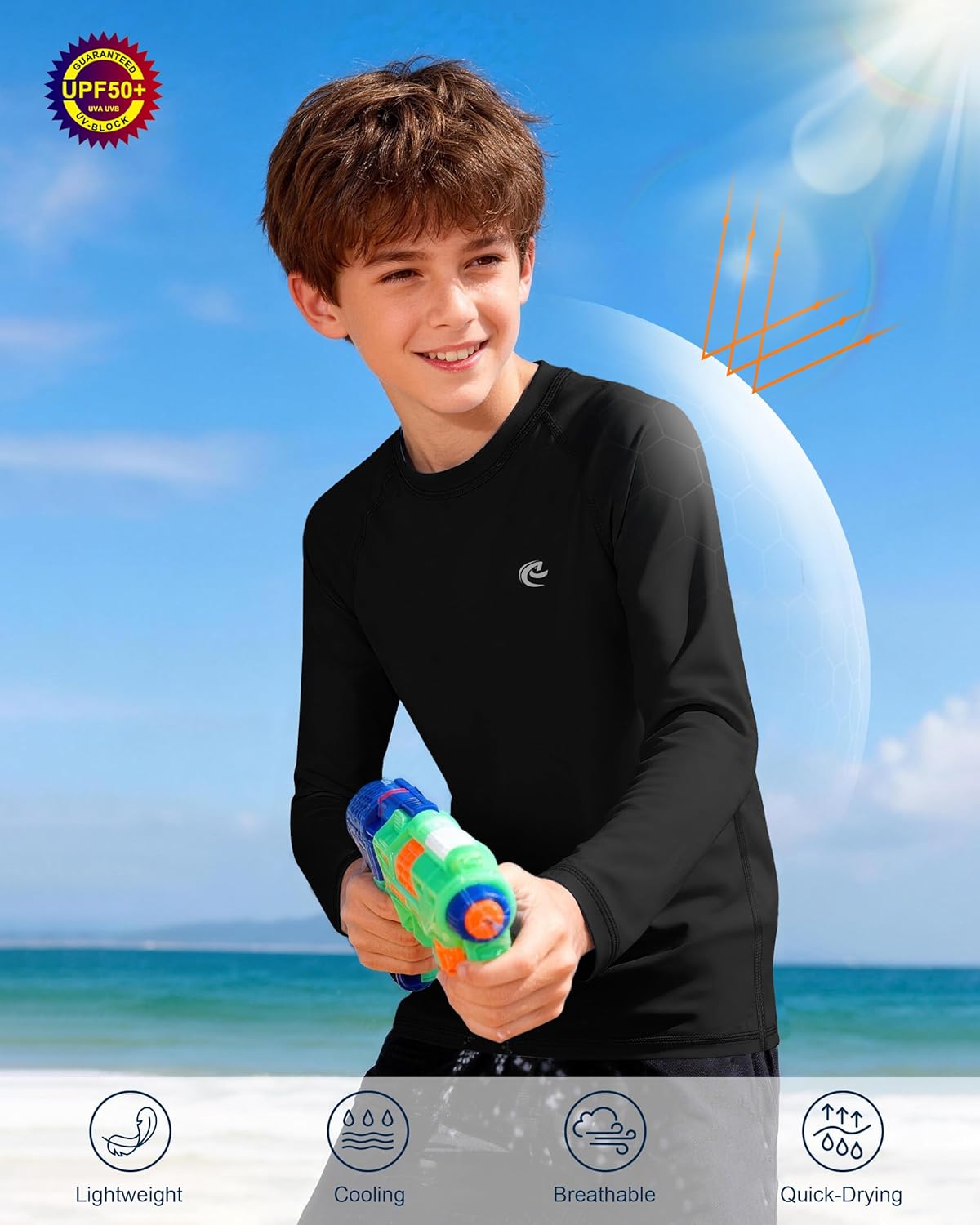 Boys UPF 50+ Swim Shirt Long Sleeve, 1 or 2 Pack UV Sun Protection Rash Guard, Youth Kids SPF Water Shirts for Beach Surf - Image 5