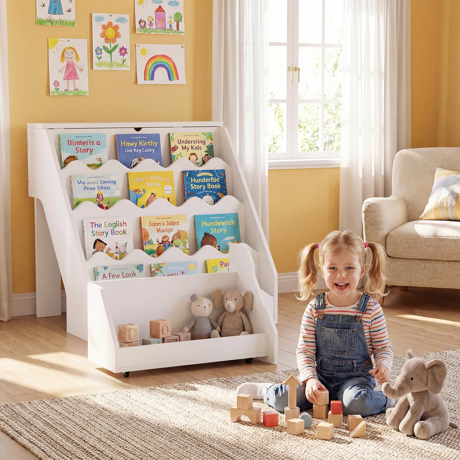 COSTWAY Librería Infantil de 4 Niveles, Organizador de Juguetes con Estantes Abiertos, Cajón Rodante Extraíble, Caja con Tapa Abatible, Estantería Madera para Niños Sala de Juegos Guardería (Blanco)