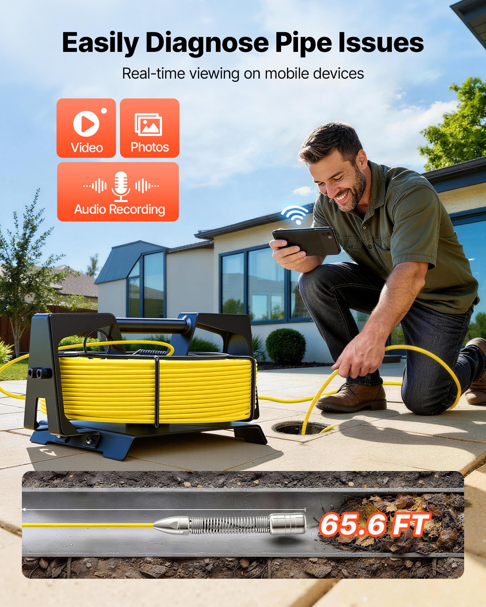 VEVOR Cámara de Inspección de Tuberías 1080P con Cable Semirrígido 20 m, 12 Luces LED de 3 Niveles, Cámara de Inspección Endoscópica, WiFi Inalámbrica, Batería 4500 mAh para Alcantarillado Fontanería