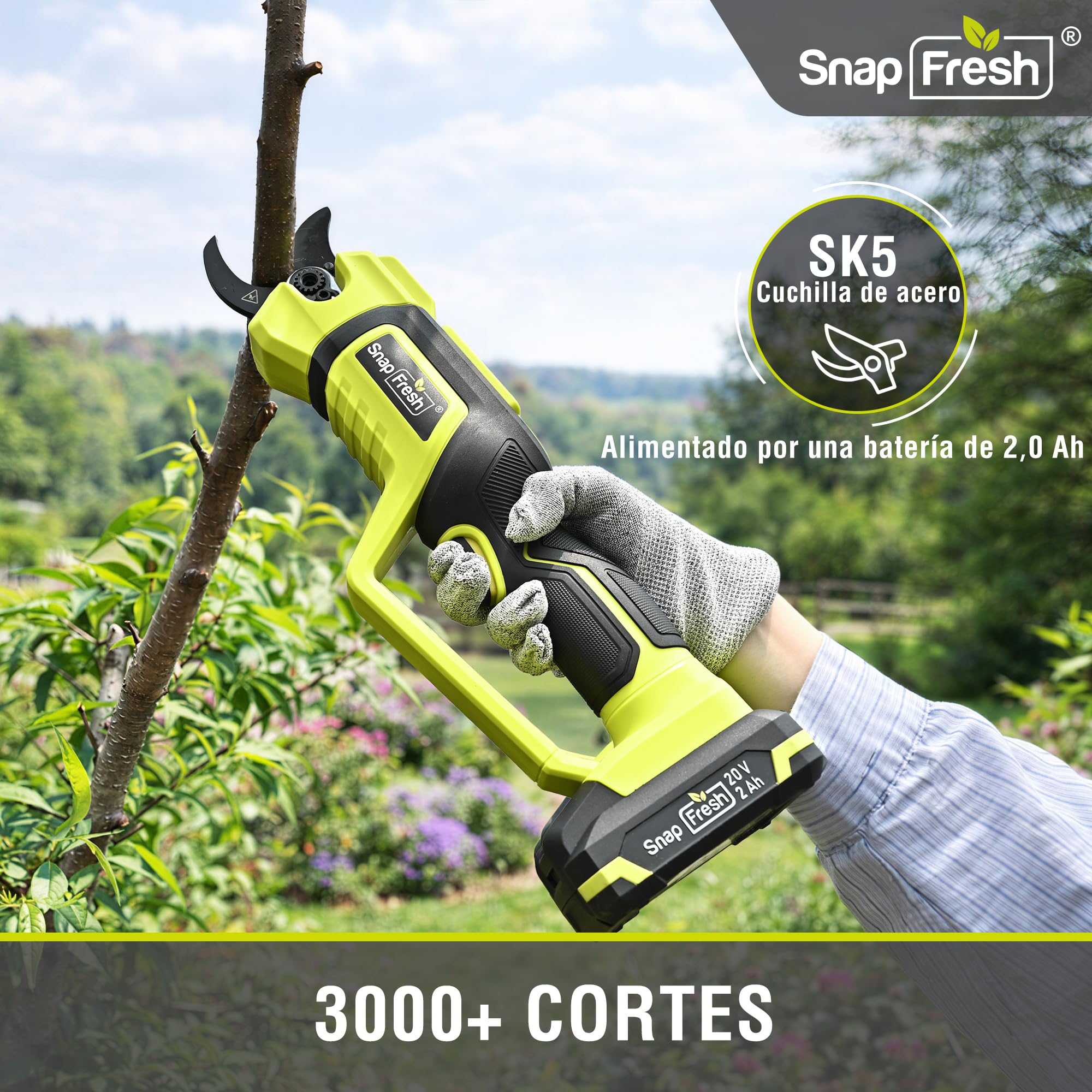 SnapFresh Tijeras de Podar Eléctricas 20V, Sin Escobillas, Diámetro Máx. de Corte de 40 mm, Tijeras de Podar Eléctricas con Batería de 2,0 Ah y Cargador, Hoja SK5 Inalámbrica para Ramas