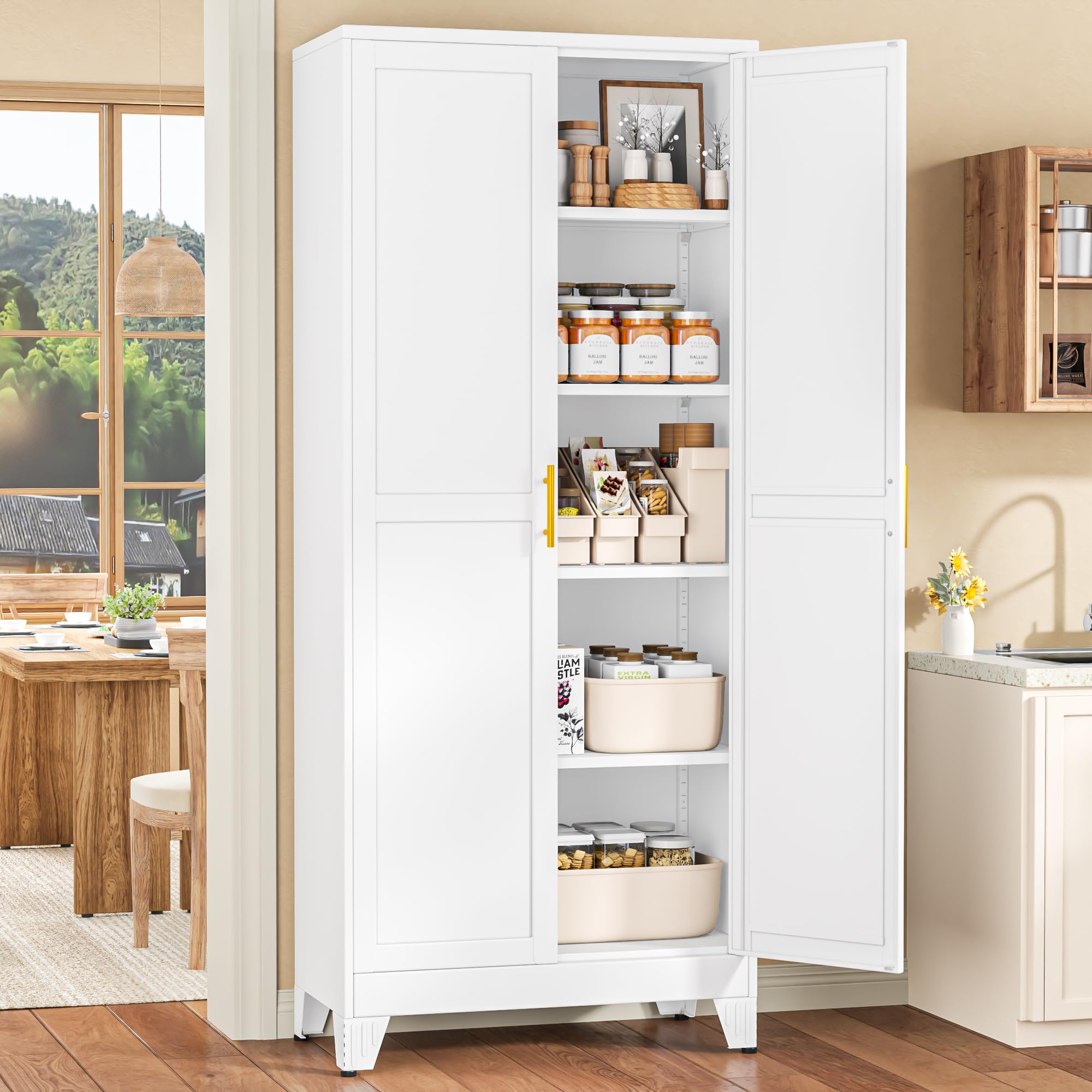 White Pantry Storage Cabinet, 71" Metal Kitchen Pantry Storage
