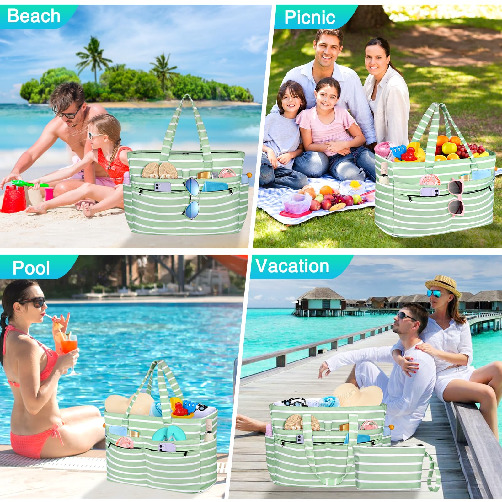 Strandtasche XXL Familie, Große Wasserdichte Strandtasche Damen mit Reißverschluss, Faltbare Leichte Badetasche Damen mit Mehreren Taschen Beach Bag Tote Bag für Strand, Reisen, Urlaub, Pool.