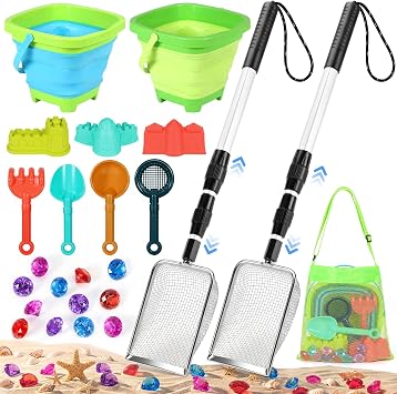 Beach Sand Toys Set with 2 PCS Adjustable Sand Sifter, Collapsible Beach Bucket,Sandbox Shovels,Sand Castle Kit,Diving Gem,Seashell Bags,Sand Sifter Shell Scooper Beach Essentials for kids 3-12
