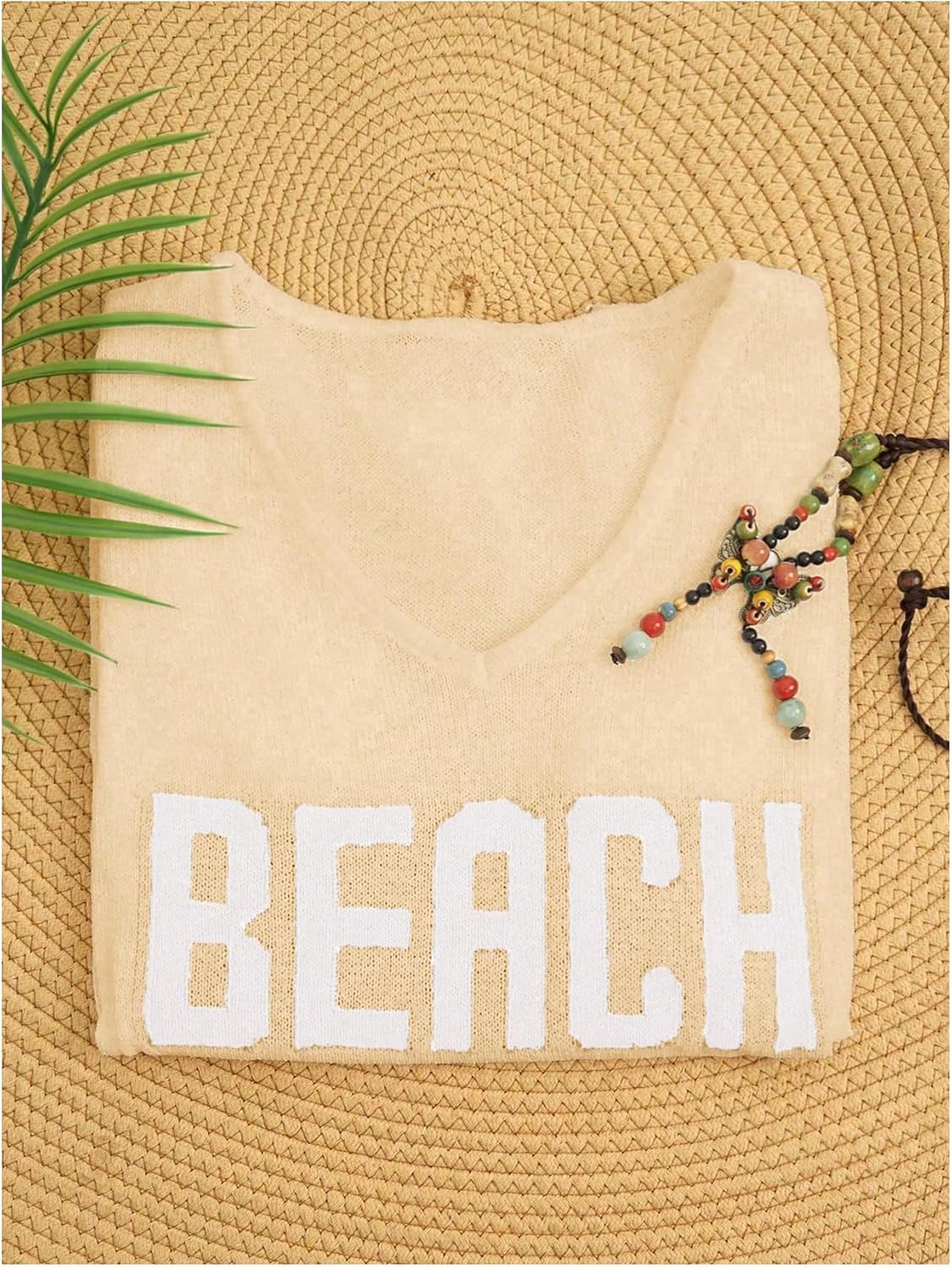 Women's Letter V Neck Beach Sweaters Long Sleeve Split Crochet Tops Knit Pullovers Cover Up - Image 4