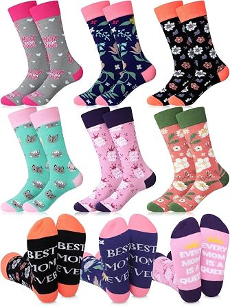 6 Pairs Mom Socks for Women Floral Crew Socks with Best Mom Ever Novelty Mother Gifts for Mothers Day Birthday Gifts