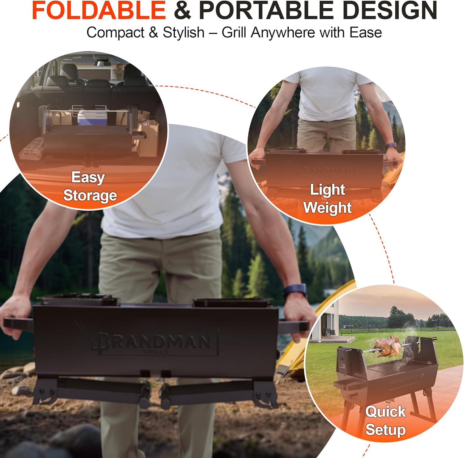 BRANDMAN GRILLS SINCE 1987 2‑in‑1 Charcoal BBQ Grill with Motorized Rotisserie – Portable, Foldable Grill, 257 sq in Outdoor BBQ Grill for Camping & Tailgate, Adjustable Height, Dual Vents