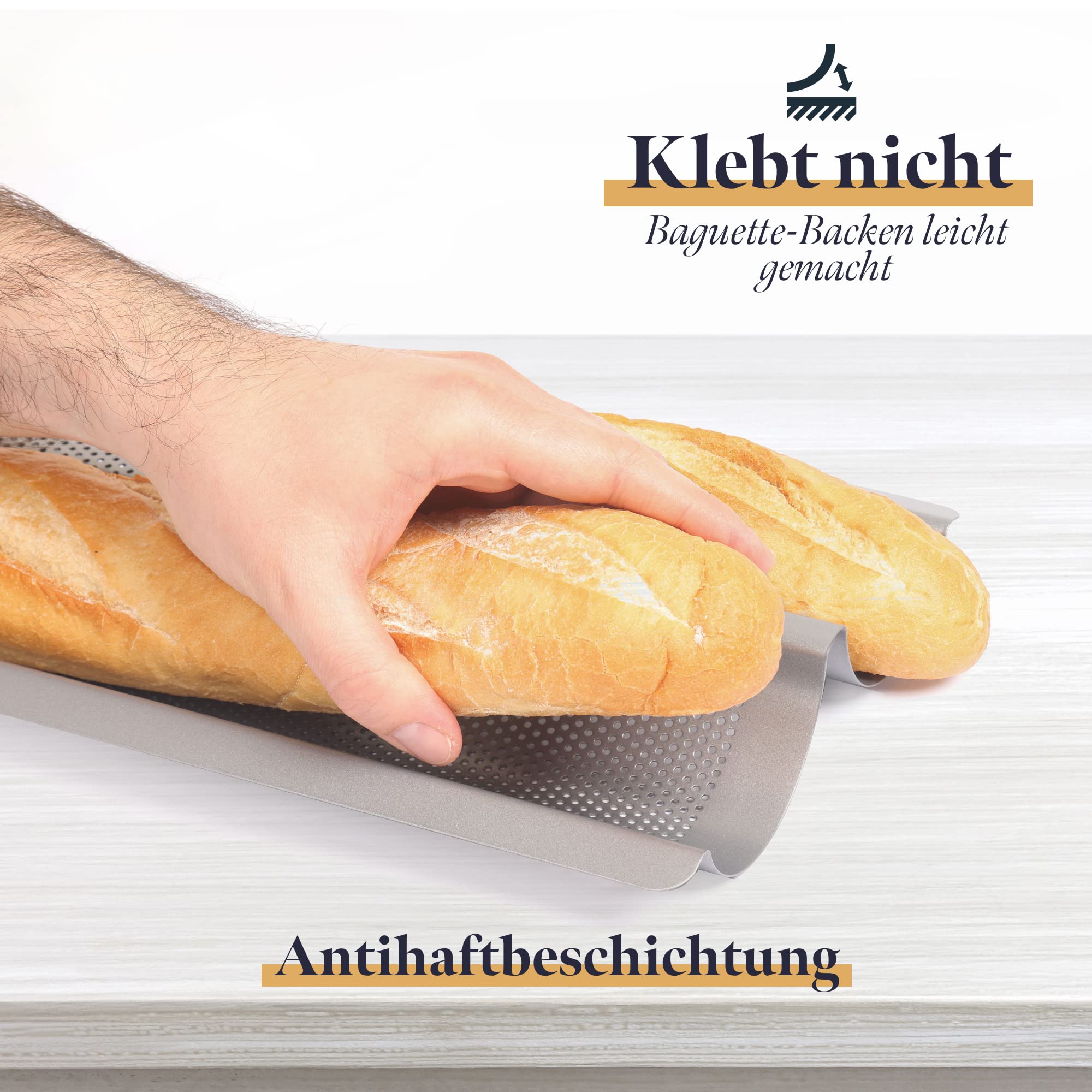 Antihaft-Backform für Baguette-Backofen, silberfarben, 38,5 x 20,5 x 3,5 cm – perforiertes Brotblech zum Kochen von 2 Baguettes – einfach zu bedienen und zu reinigen – Farbe Silber