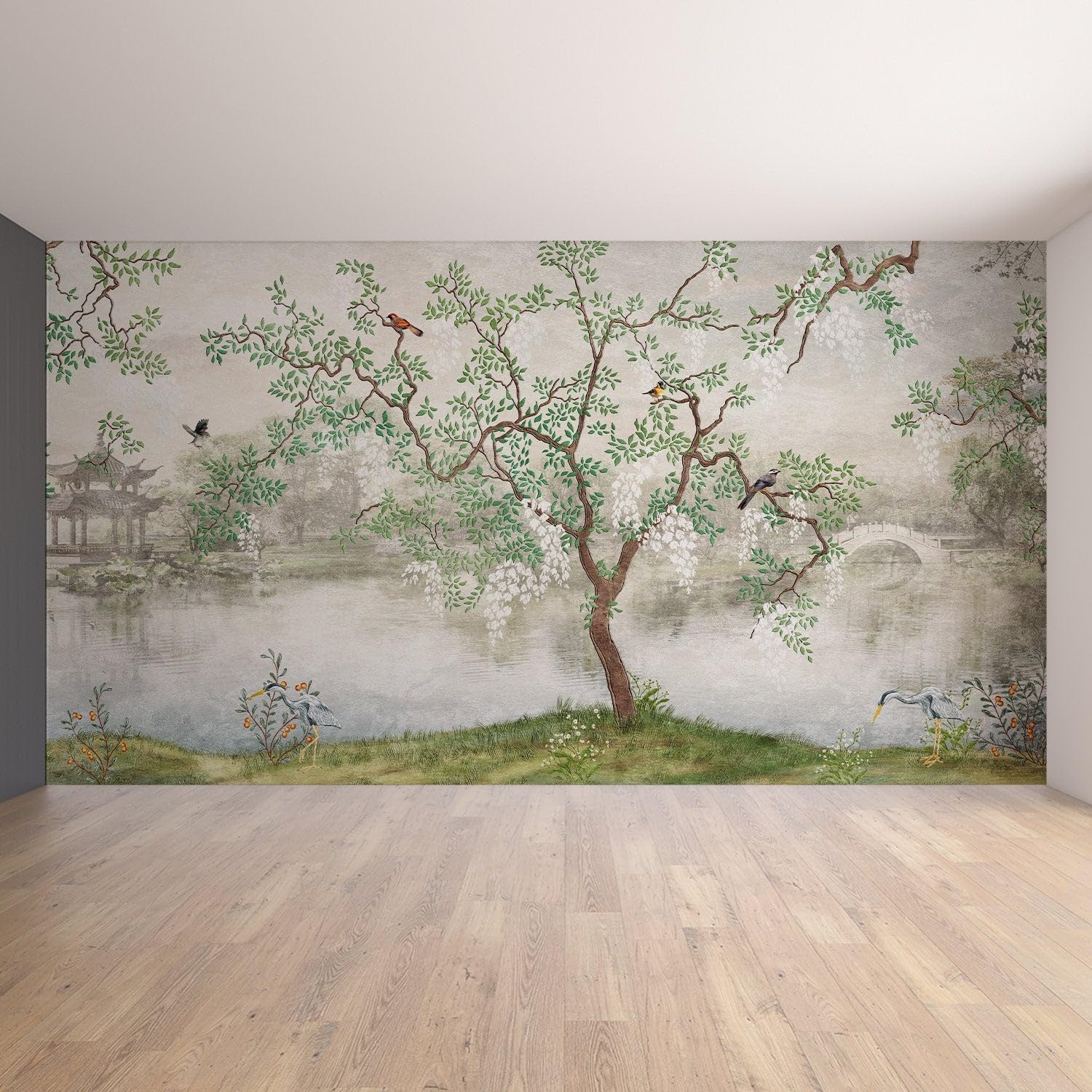 Toile sypialnia chińska tapeta ogród vintage naklejka - szara samoprzylepna tapeta nadruk dekoracja domu 520 x 304 cm