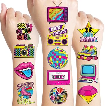 60 Pcs 80s Temporary Tattoos - Pre-Cut Vintage Retro Stickers for Roller Skate, 1980s Birthday Party Favors & Decorations for Kids & Adults