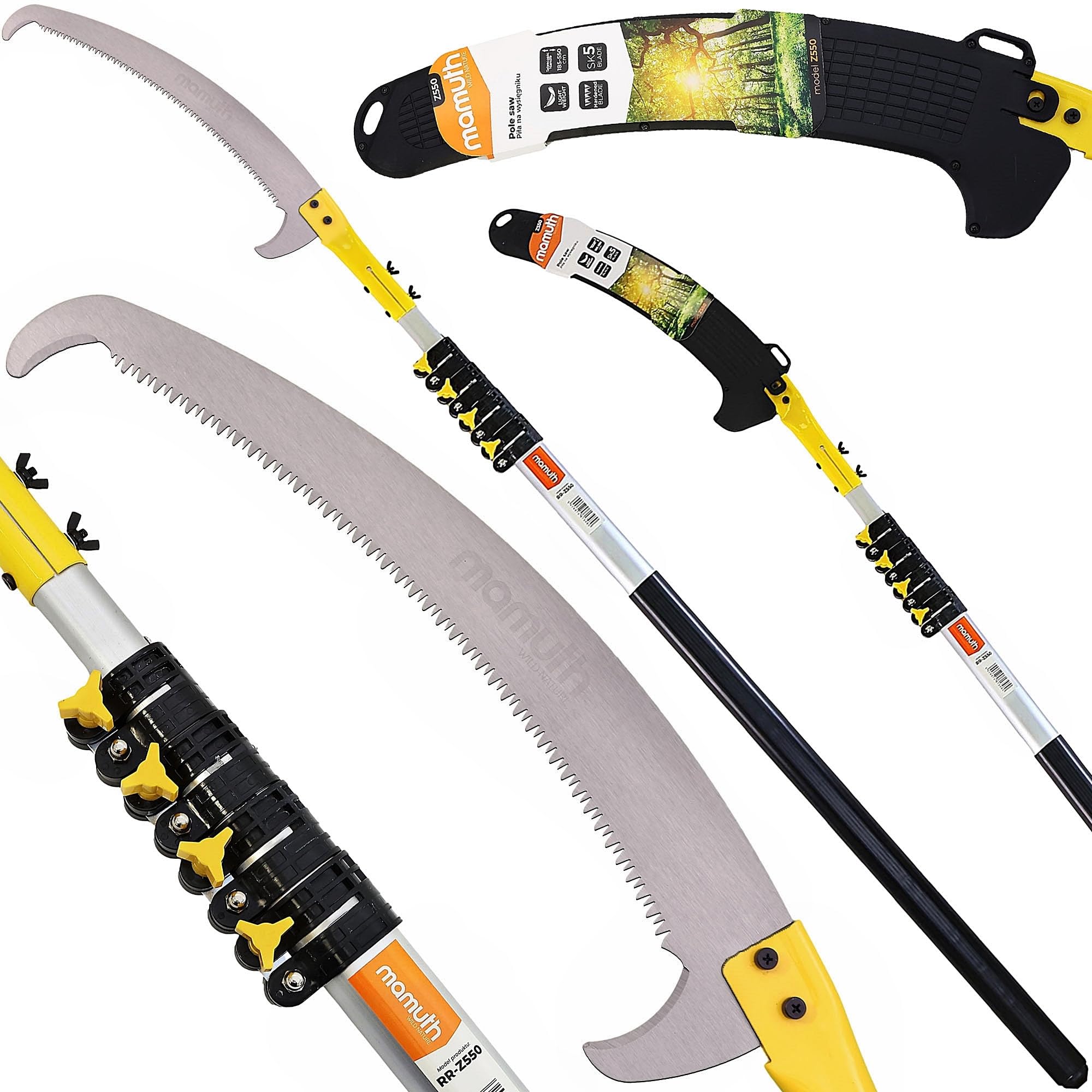Mamuth Scie d'élagage télescopique de 5,5 m – Scie d'élagage avec tige d'extension, sécateur à main pour branches hautes, scie de jardin extensible, robuste et tranchante pour jardin et sylviculture