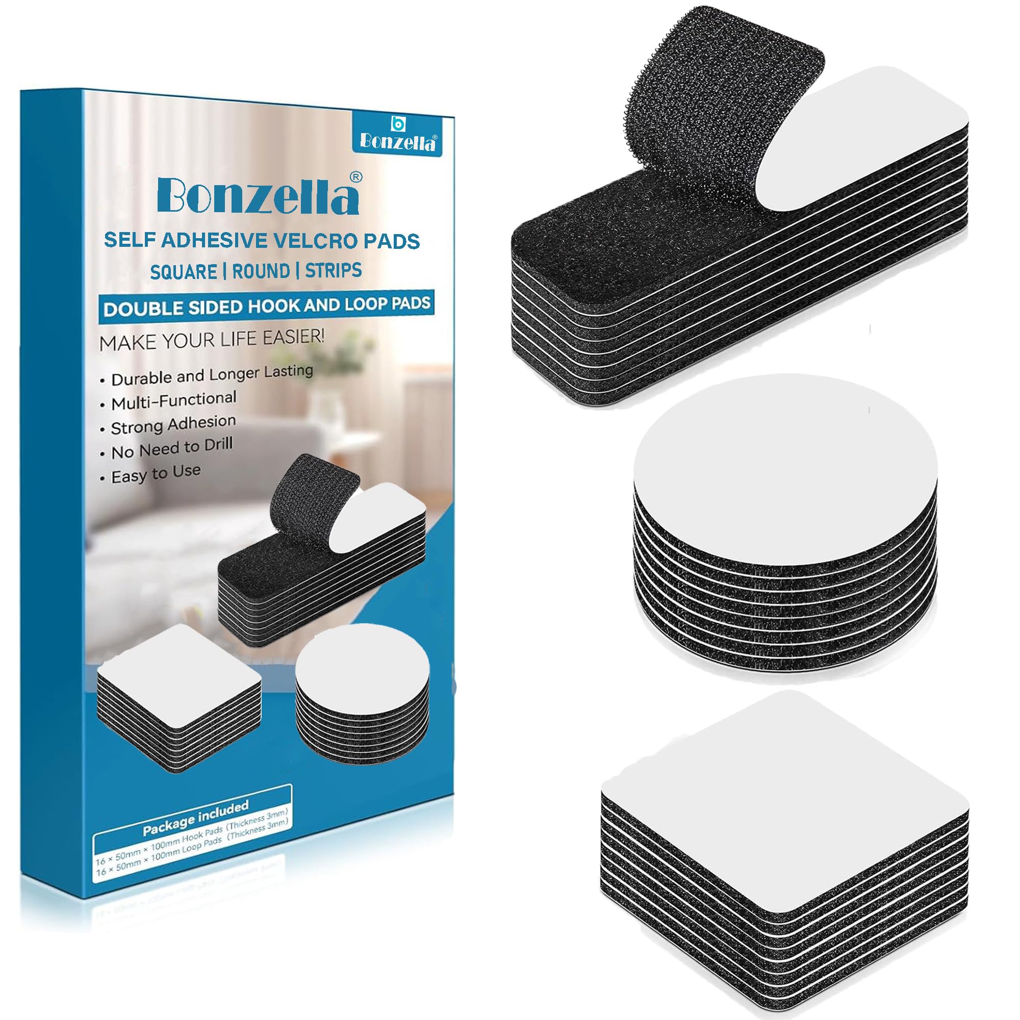 BONZELLA 24pcs Self Adhesive Hook and Loop Strip Tape, Stickers for Sofa Cover, Floor Mat, Carpet, 3 Different Size Multipurpose Double Sided Hook & Loop Tapes for Crafting & Hanging, Black (24, Black)