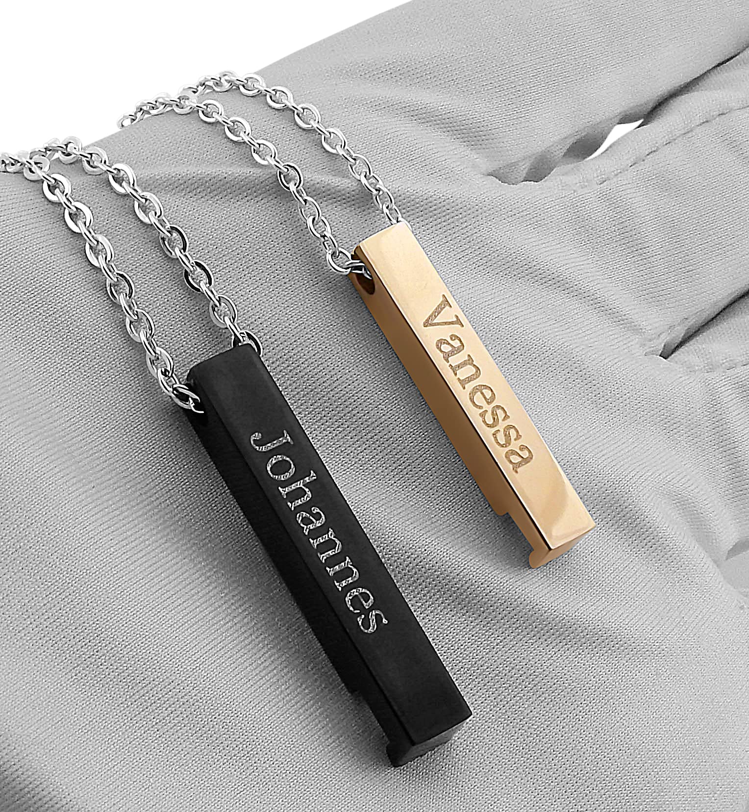 2 Stück Personalisierte Kette mit Gravur Edelstahl 50 cm mit Anhänger Flammen und Feuer in silber schwarz gold - Personalisierte Geschenke für Damen Herren Freundin Freund - Partner Halskette