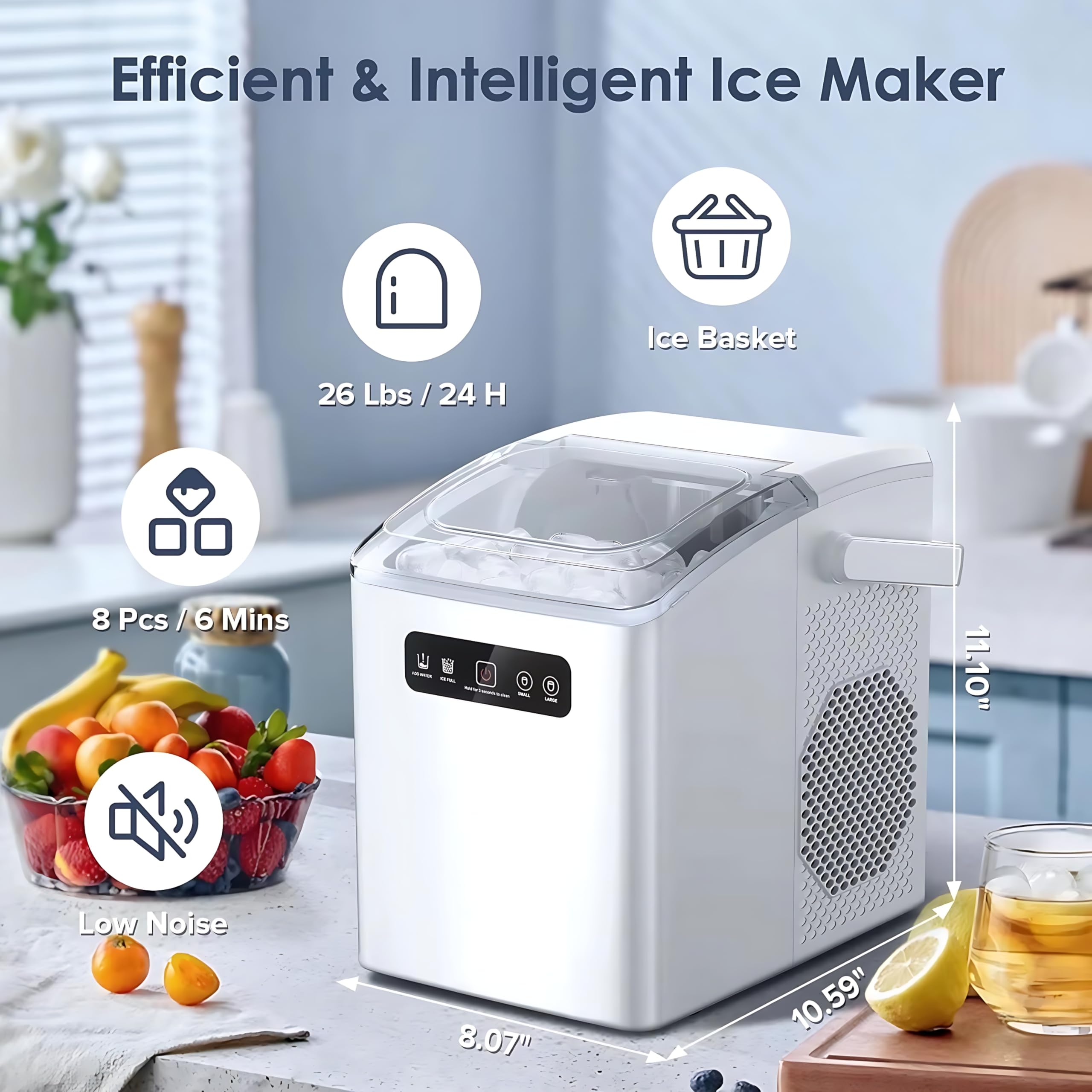 Macchina per produttore di ghiaccio, produttore di ghiaccio portatile completamente automatico - 12 kg/24 ore, produce 8 cubi in 6 minuti, autopulente e rumore basso, con pala di ghiaccio per casa
