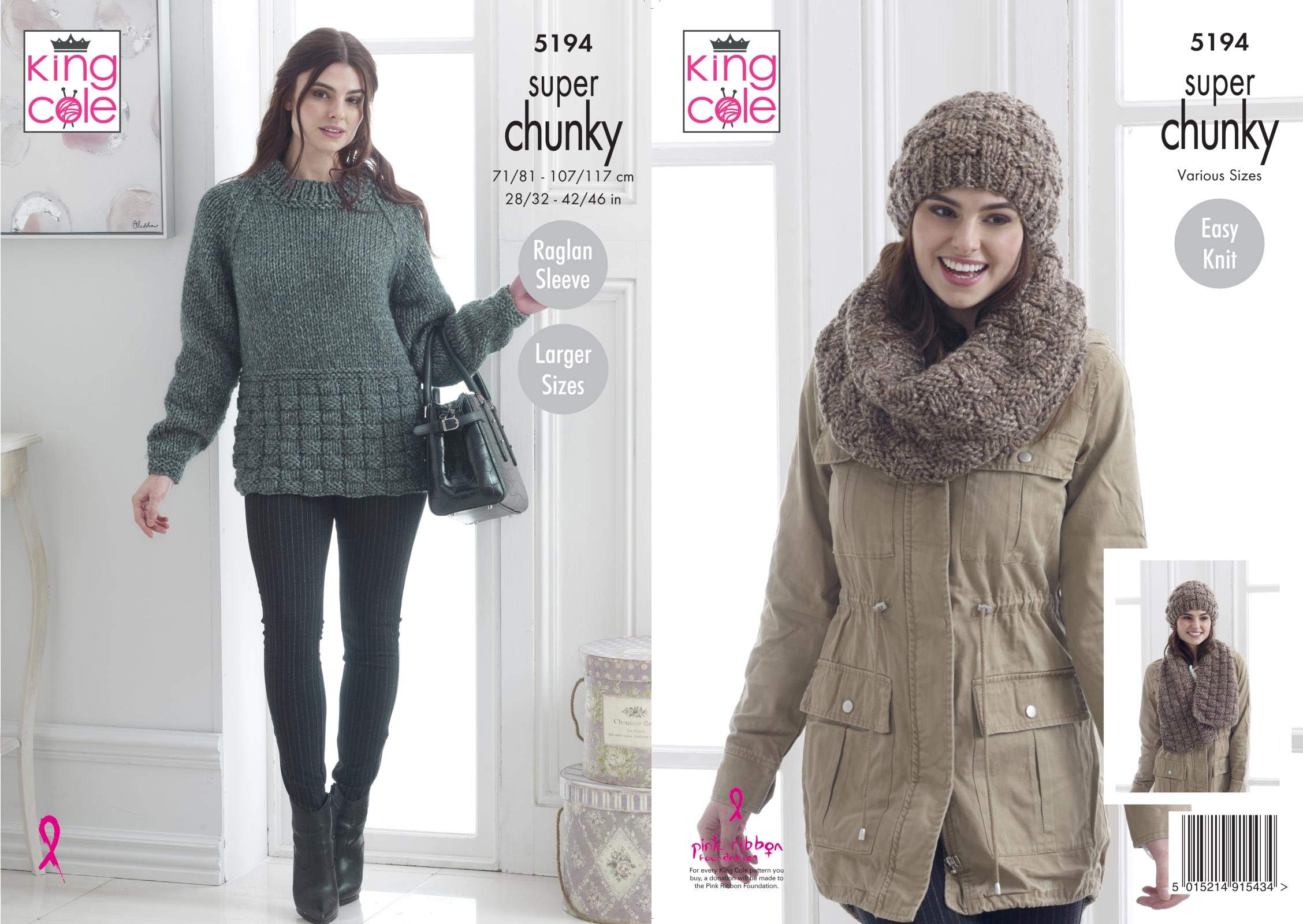 King Cole 5194 Knitting Pattern Womens Sweater Cowl Scarf and Hat in Big Value Super Chunky Stormy