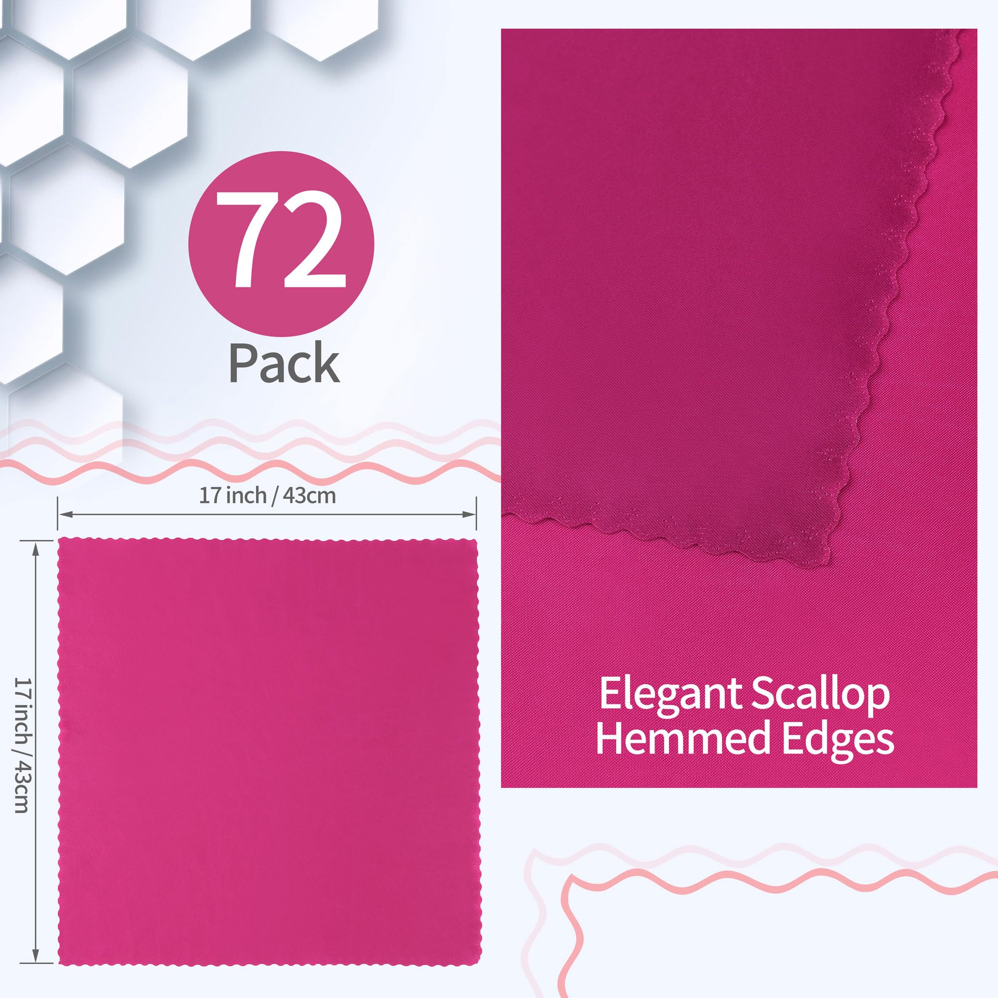 RUDONG M 72 Stück Hot Pink Satin-Servietten, 43,2 x 43,2 cm, quadratische Stoffservietten, weiche Stoffserviette mit gewellten Kanten, wiederverwendbar und waschbar, Tischservietten für Hochzeiten,