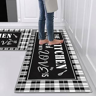 Kitchen Rug Set 2 Pieces Non Slip and Anti Fatigue Kitchen Mat Set, Washable Kitchen Floor Mat For Kitchen ,Standing Mats for Office Home Decoration Indoor Outdoor (Kitchen-love, 40x60cm+40x120cm)