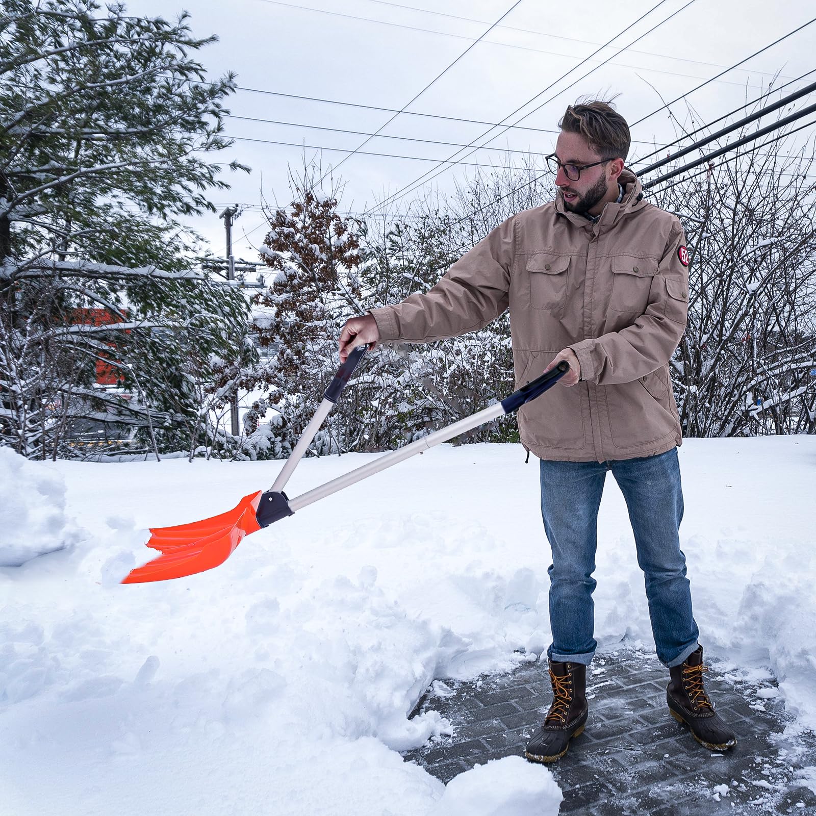 MoNiBloom Ergonomic Snow Shovel Garage Snow Removal with Back-Saving Fore-Grip, 17.5 Inch x 12.5 Inch Blade with Aluminum Edge, Wide Snow Shovel for Doorway Sidewalk and Deck, Orange