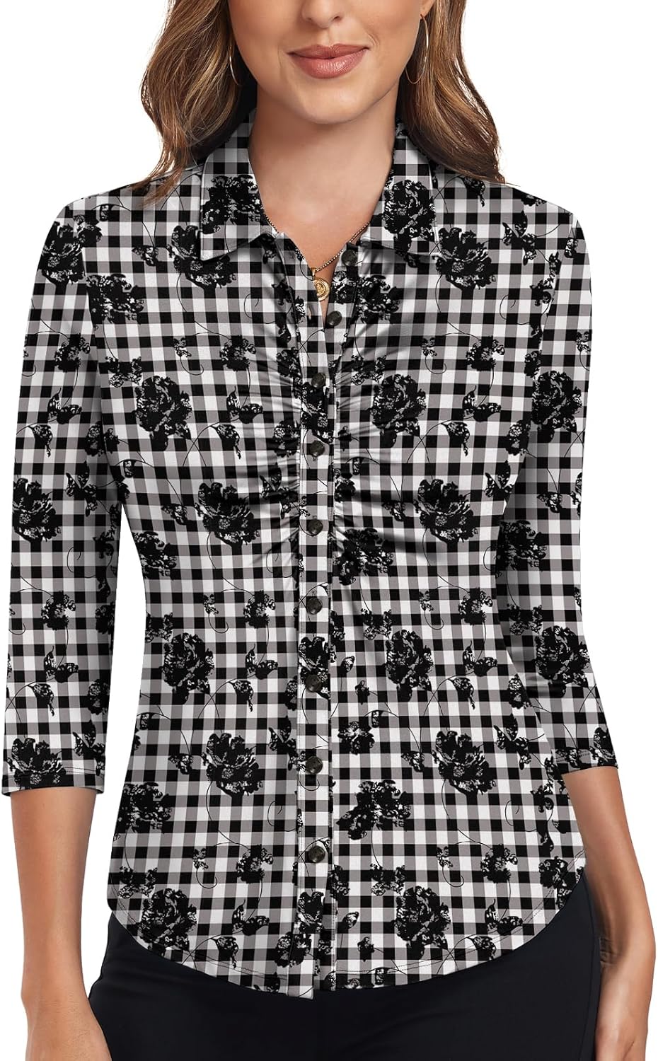 Soneven Womens 3/4 Sleeve Golf Shirts Ruffle Collared Button Down Shirt Work Blouse