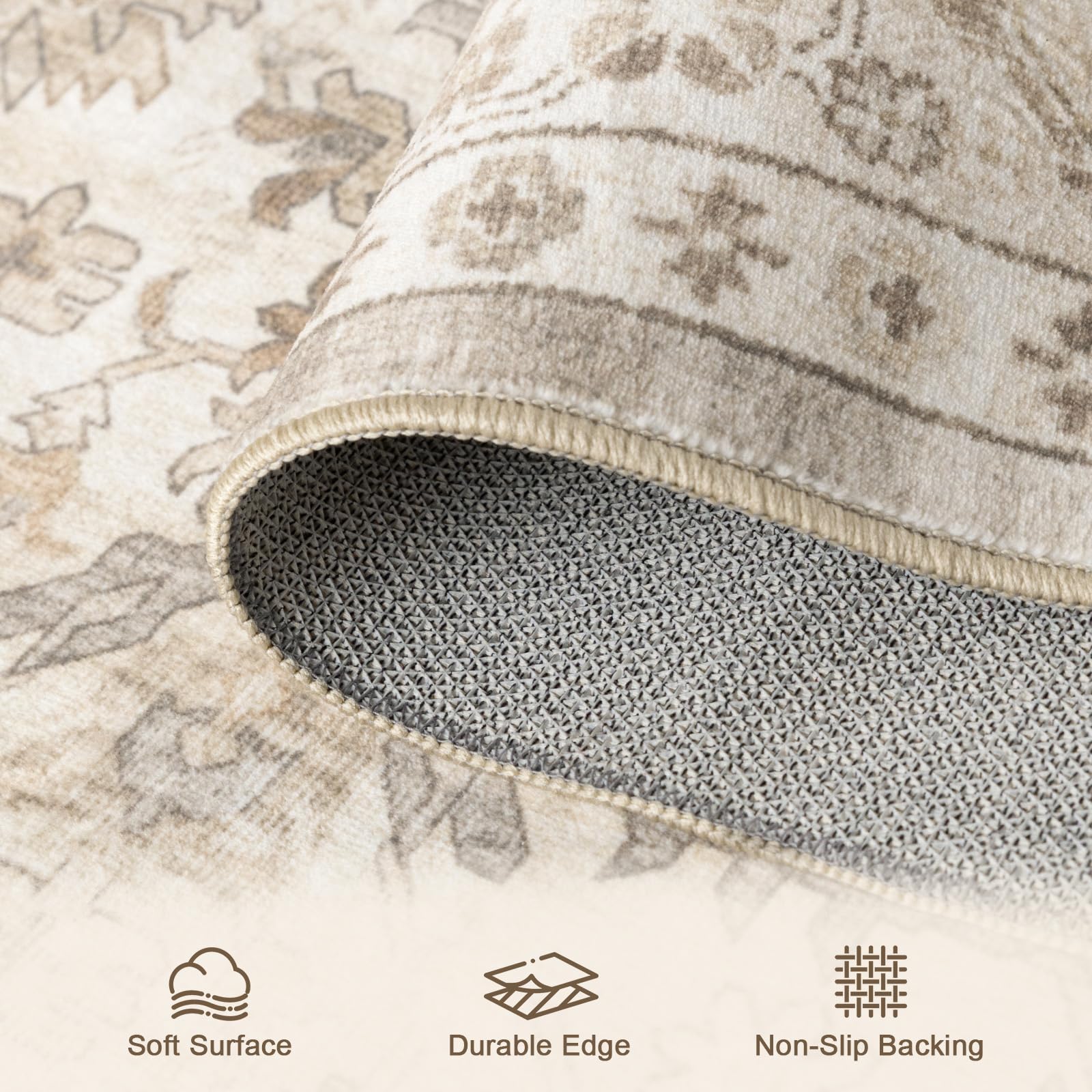 HOMFINE Beige Vintage Teppich Wohnzimmer 300x400 cm - Waschbarer Kurzflor mit Rutschfester Unterseite, weicher Boho Retro für Schlafzimmer Esszimmer Flur