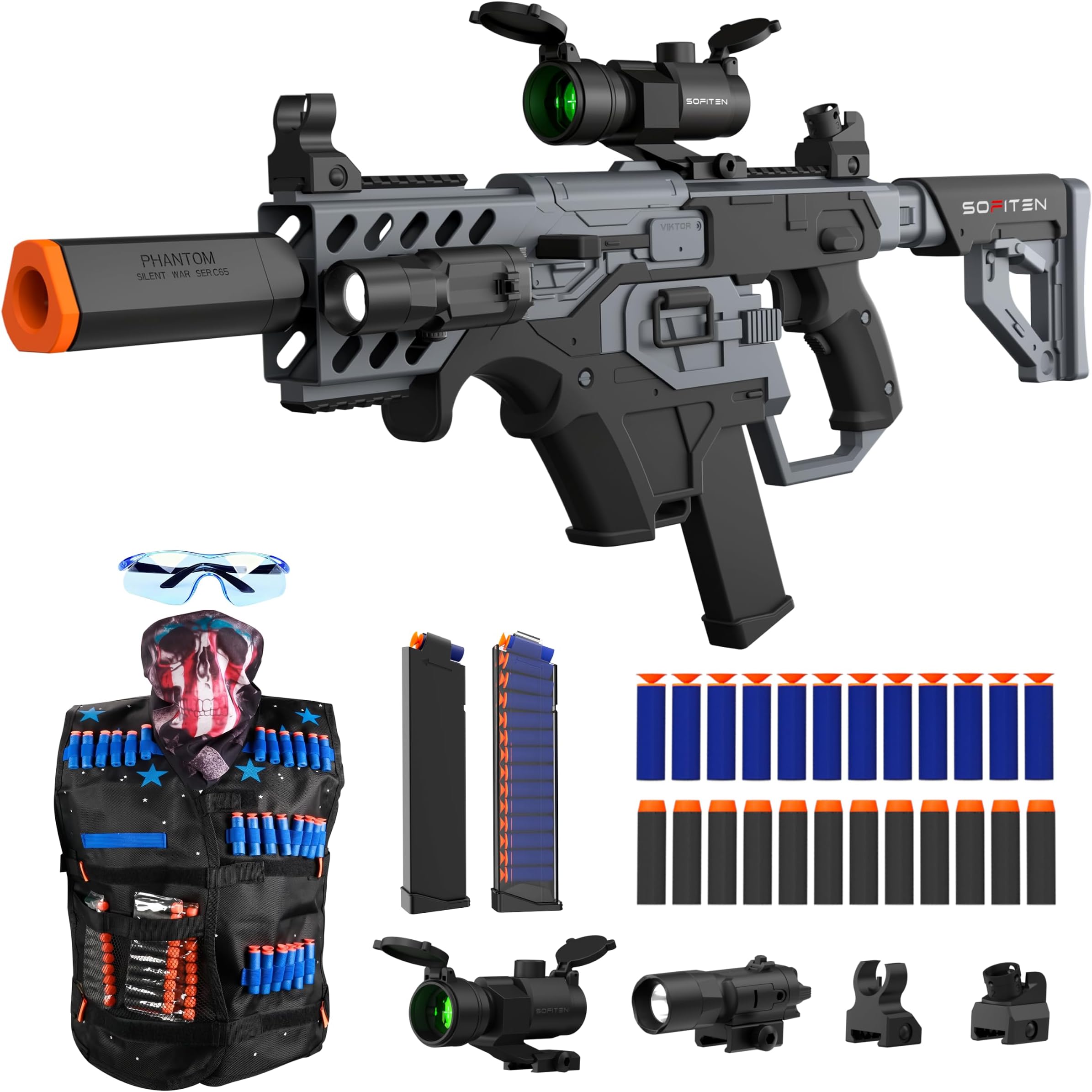 Toy Gun Automatic Sniper Rifle with Tactical Vest Kit, Scope Toy Foam Blaster Dart Toys with 120 Darts IR and Flashlight Shooting Outdoor Activity Game Birthday Xmas Gift for Kids Age 8+