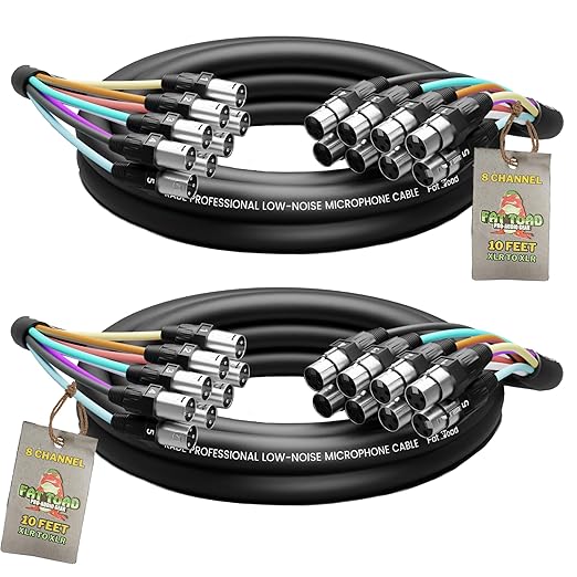 Fat Toad 10ft 8 Channel XLR Snake Cables (ShieldedPRO X Series) 2 Pack – Balanced 3-Pin Mic Patch Wires – Multicore for Studio, Stage, Mixer & DMX Use