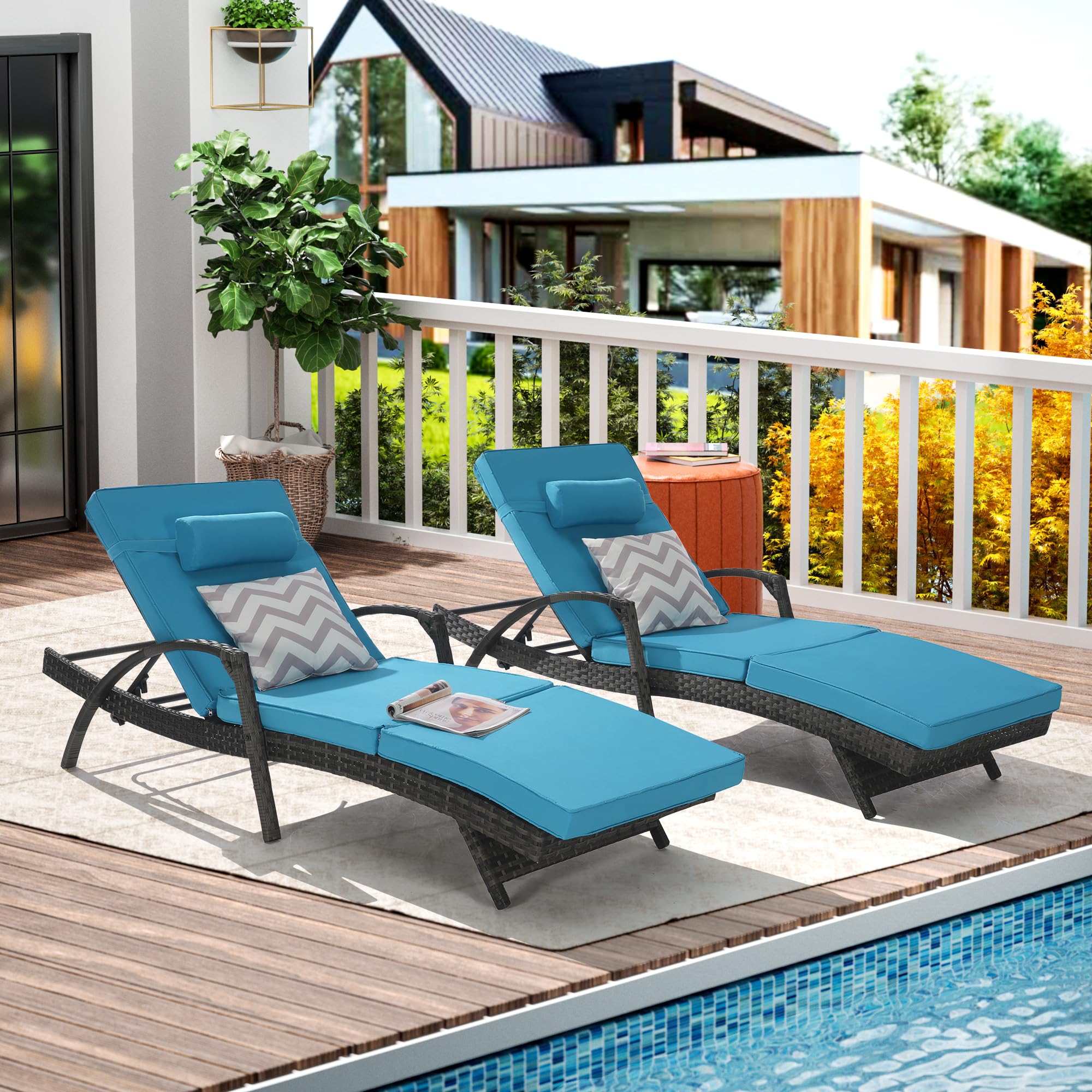 BRIGHTREE Outdoor Lounge Chairs Set of 2,Wicker Chaise Lounge Chair Pool Chaise Lounge,Patio Lounge Chair with Adjustable Backrest Arm Cushion for