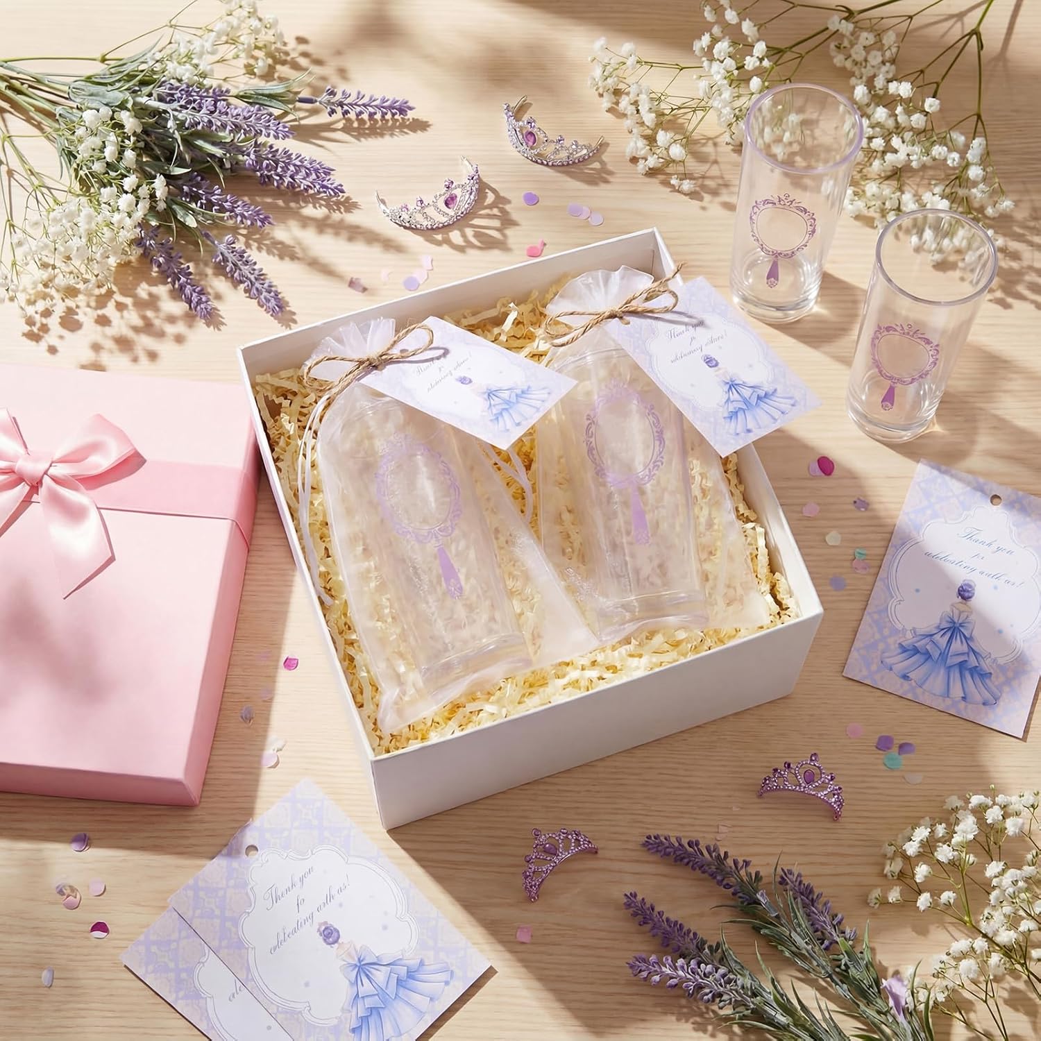 50 Sets Quinceanera Party Favors Bulk for Guests 2.2oz Acrylic Clear Shot Glasses Thank You Cards with Organza Bags Anos Sweet 15 Birthday Party Favors(Purple)