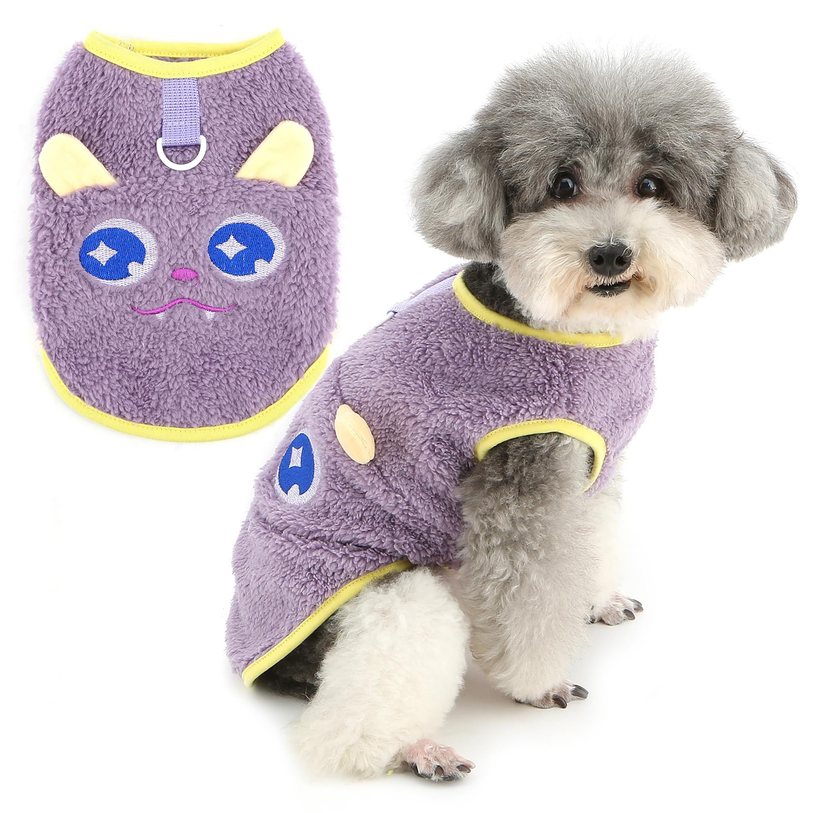 Zunea Cute Cartoon Dog Jacket Jumper for Small Dogs Winter Warm Fleece Puppy Vest Sweater Coat with Leash Ring Soft Pullover Cold Weather Chihuahua Clothes Pet Apparel Purple S